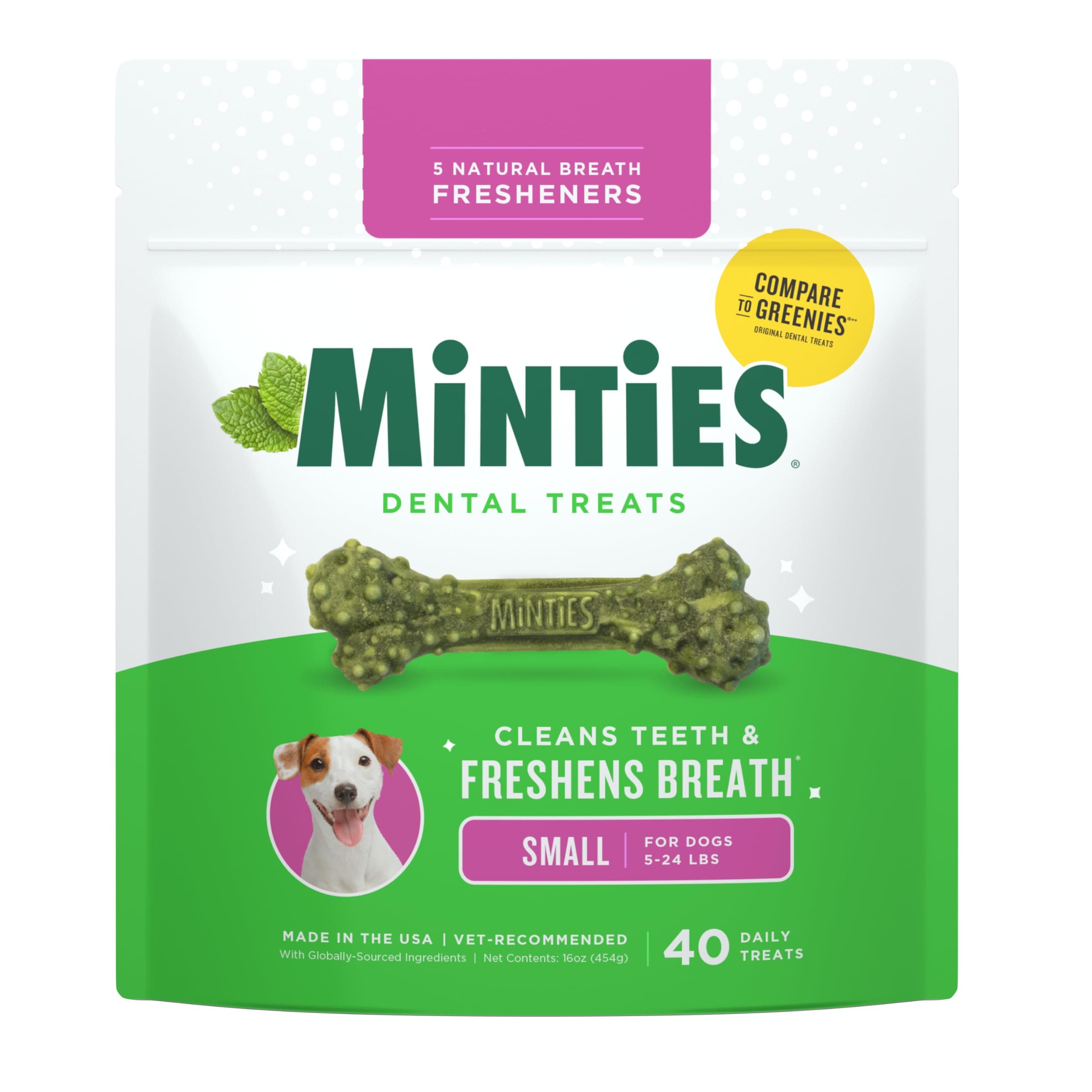 Dog Dental Bone Treats, Tiny/Small Dental Dog Treats, 16 Ounces, Cleans Teeth, Fight Bad Breath, Removes Plaque and Tartar, 40 Count