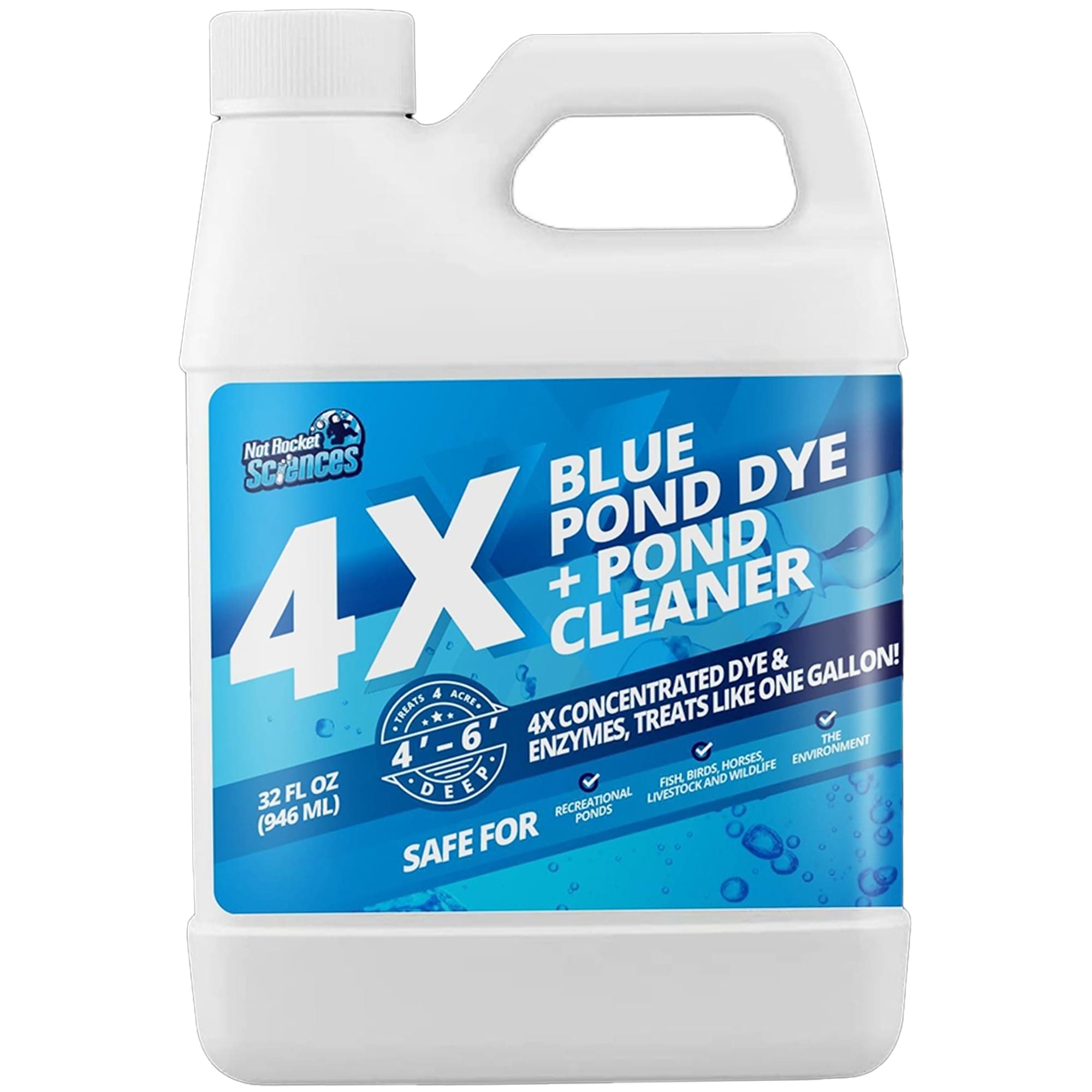 32oz 4X Blue Pond Dye + Pond Cleaner, Blue Dye for Ponds and Lakes, 2-in-1 Lake Colorant + Enzymes, Makes Murky Water Clean & Beautiful, Keeps The Water Cool, Clear, and Ideal for Fish & Wildlife