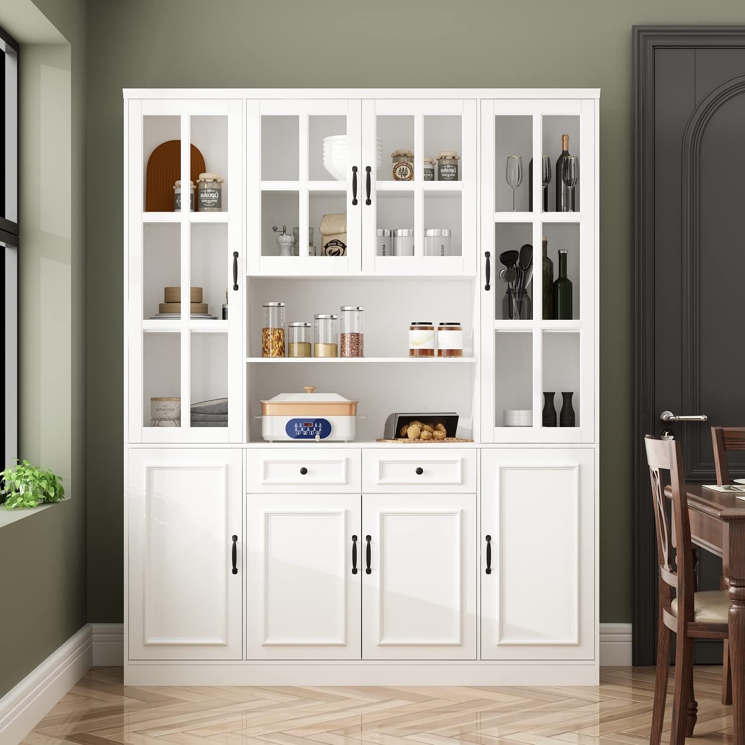 AIEGLE Large Kitchen Pantry Storage Cabinet Microwave Hutch, Freestanding Kitchen Pantry Cupboard with Glass Doors & Drawers, Utility Pantry Cabinet, White (63”W x 15.7”D x 78.7”H)