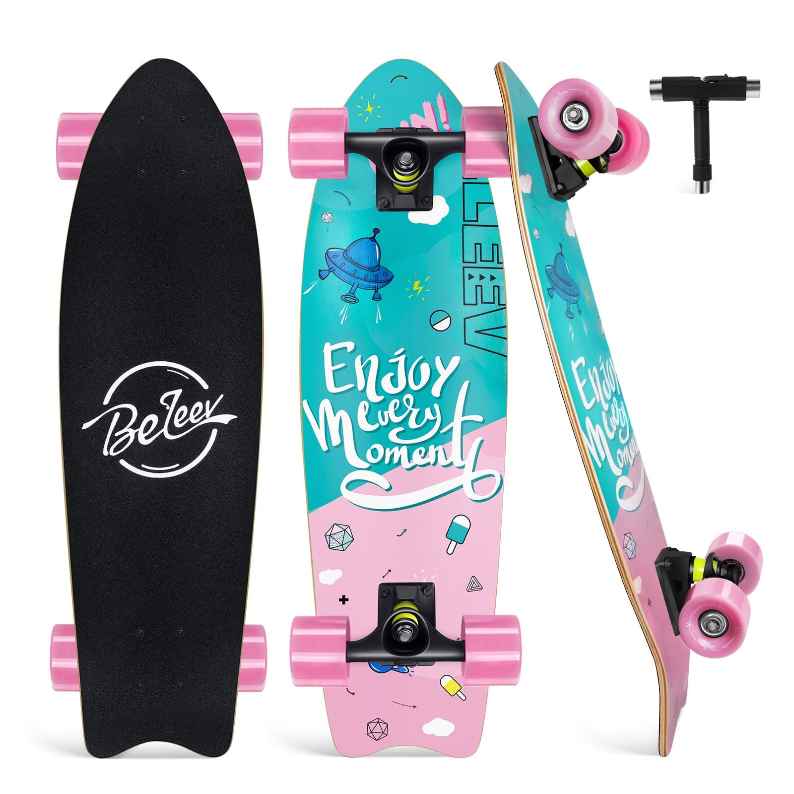 BELEEV Cruiser Skateboards for Beginners, 27x8 inch Complete Skateboard for Kids Teens Adults, 7 Ply Canadian Maple Double Kick Deck Concave Trick Skateboard with All-in-One Skate T-Tool