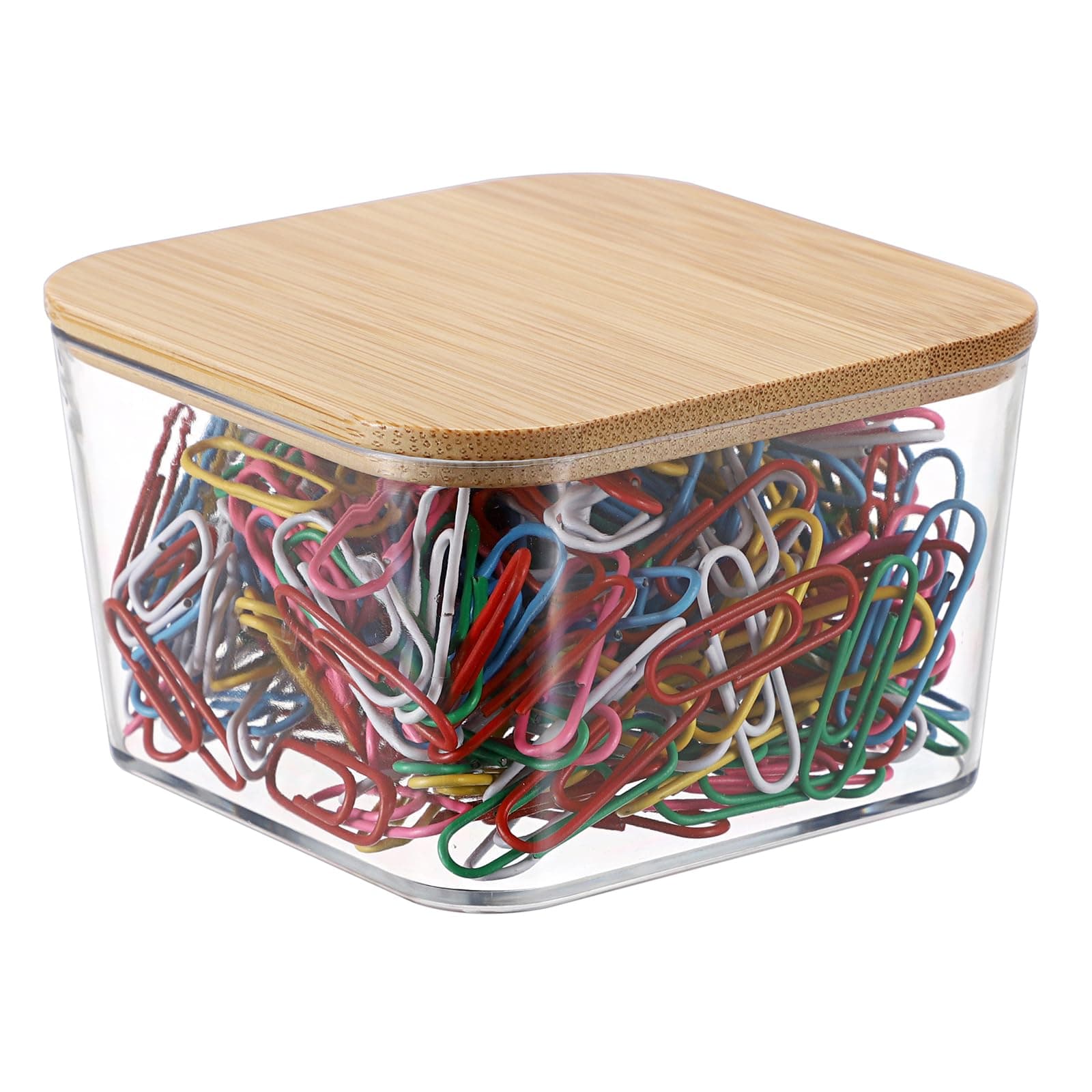 BTSKY 1 Pack Clear Stackable Paper Clip Holder with Bamboo Lid Paperclip Box Plastic Cute Office Supply Accessory Organizer Square Small Storage Holder Cute Qtip Holder for Office Bathroom Vanity