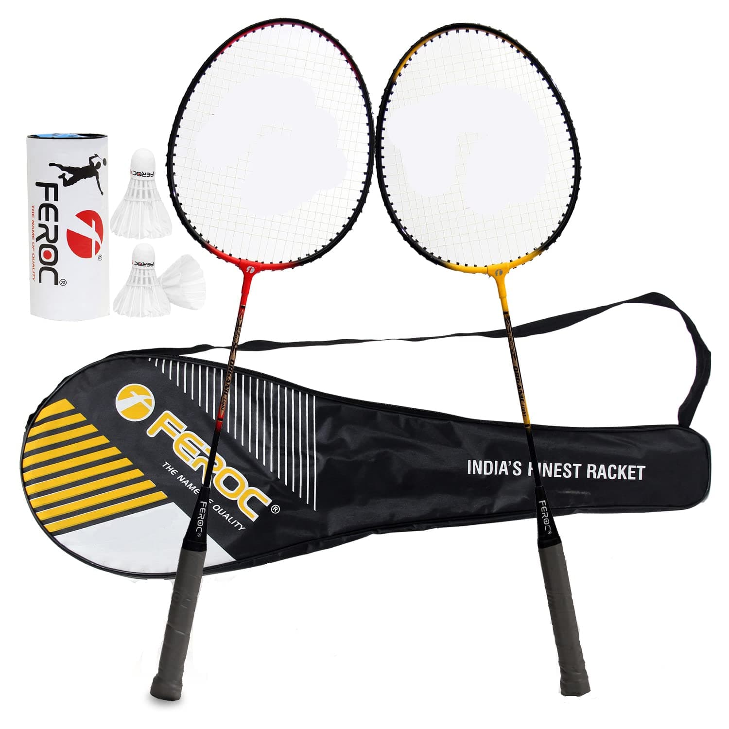 Feroc Aluminum Set of 2 Badminton Racket with 3 Pieces Feather shuttles with Full Cover Fulfilled by Amazon. (Pink)