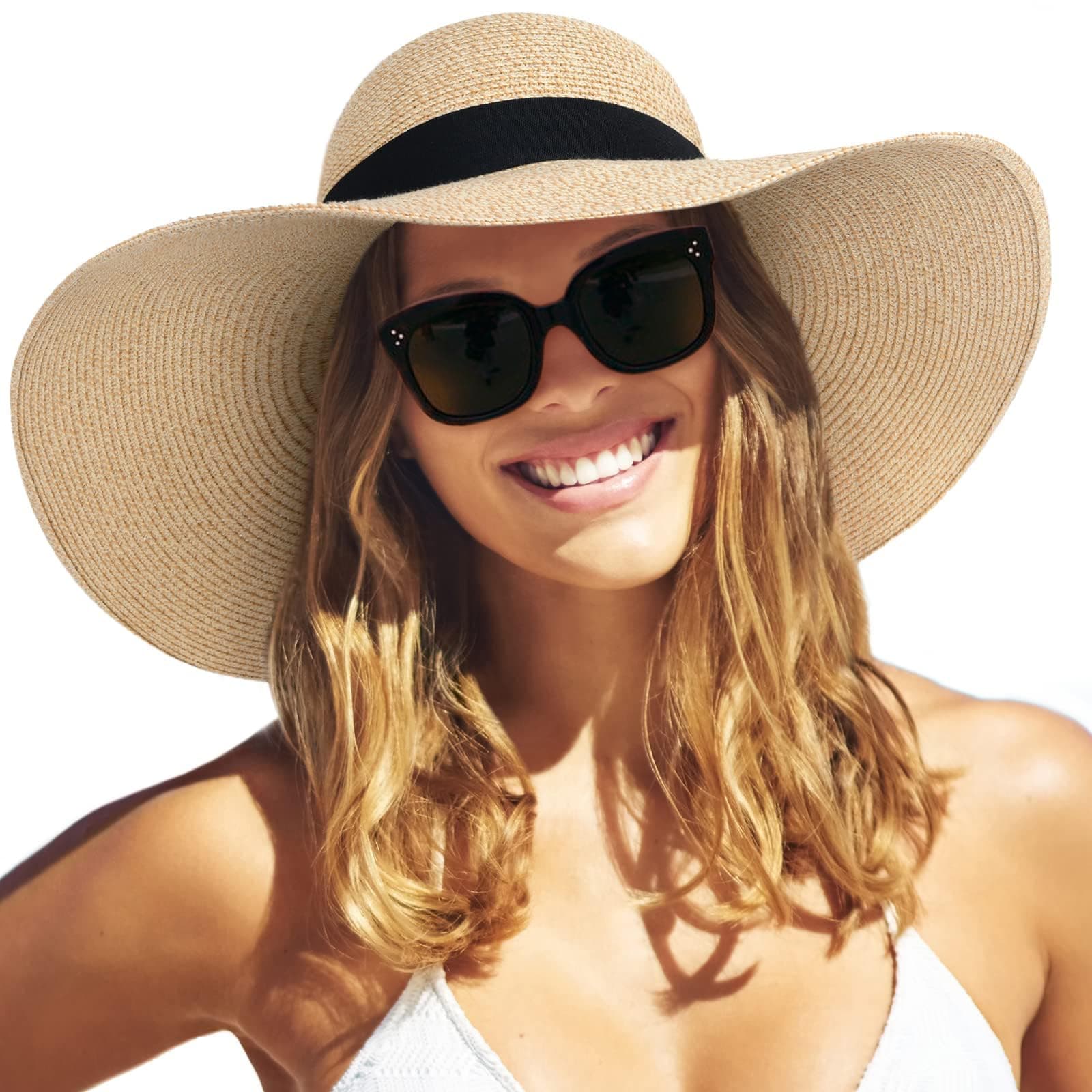 Womens Sun Straw Hat Wide Brim UPF 80 Summer Hat Foldable Packable Floppy Beach Hats for Women