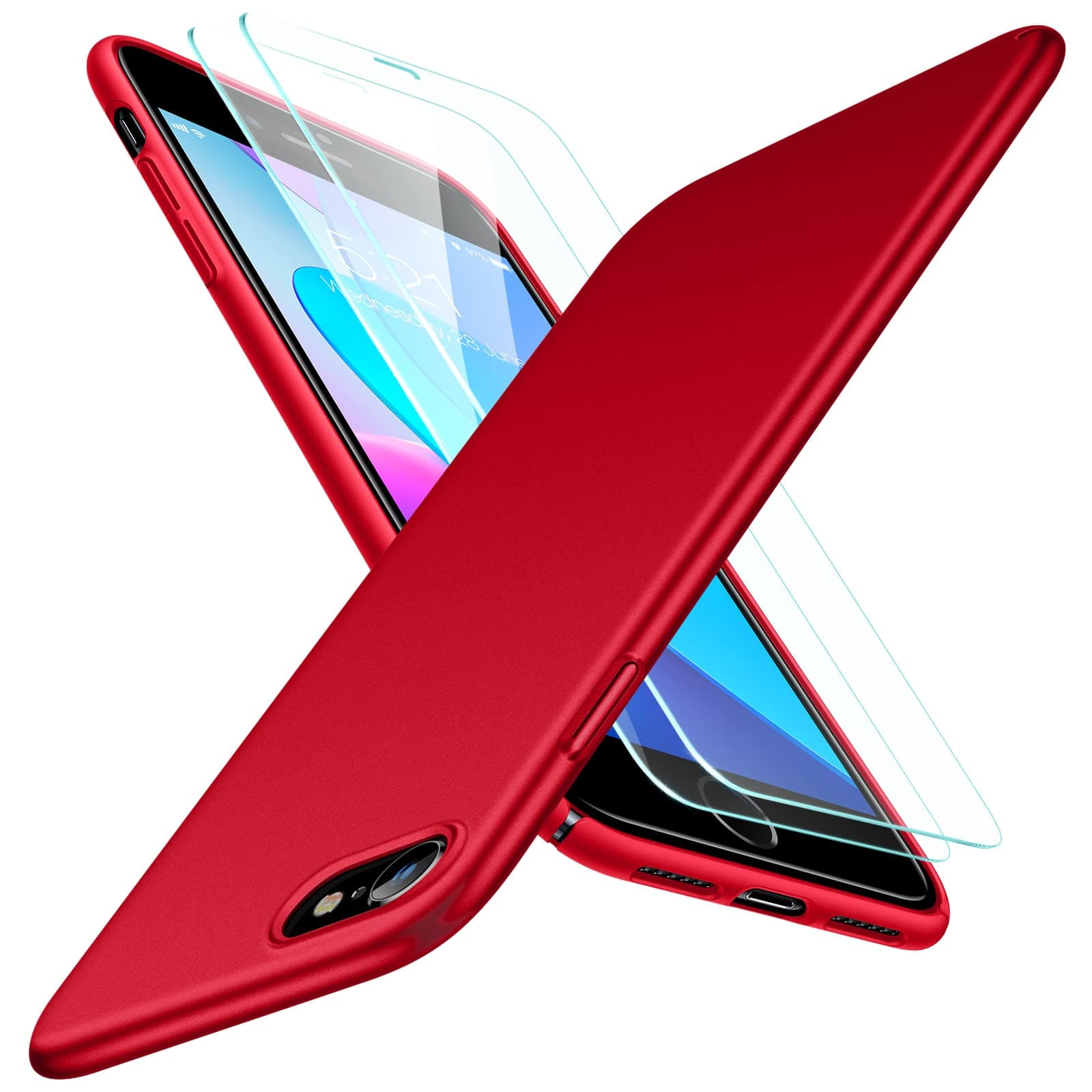 TORRAS iPhone 7 Case, iPhone 8 Case, Ultra-Thin Case with [Tempered Glass Screen Protector], Simple Stylish Fully Protective Matt Cover for iPhone 7 (2016) / iPhone 8 (2017) - Red