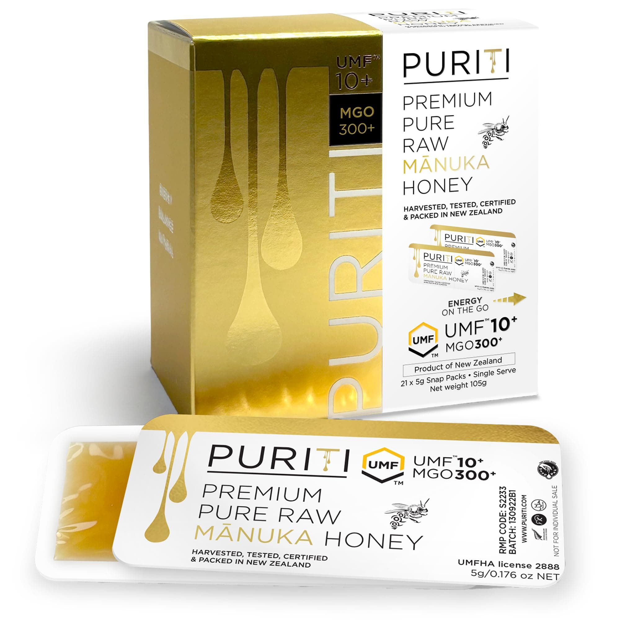 Manuka Honey Snap Packs UMF 10+ (MGO 300+) | 21 x 5 g Single Serve | 100% Pure New Zealand Honey | Natural Immunity & Wellness Booster | Travel & On-the-Go Energy