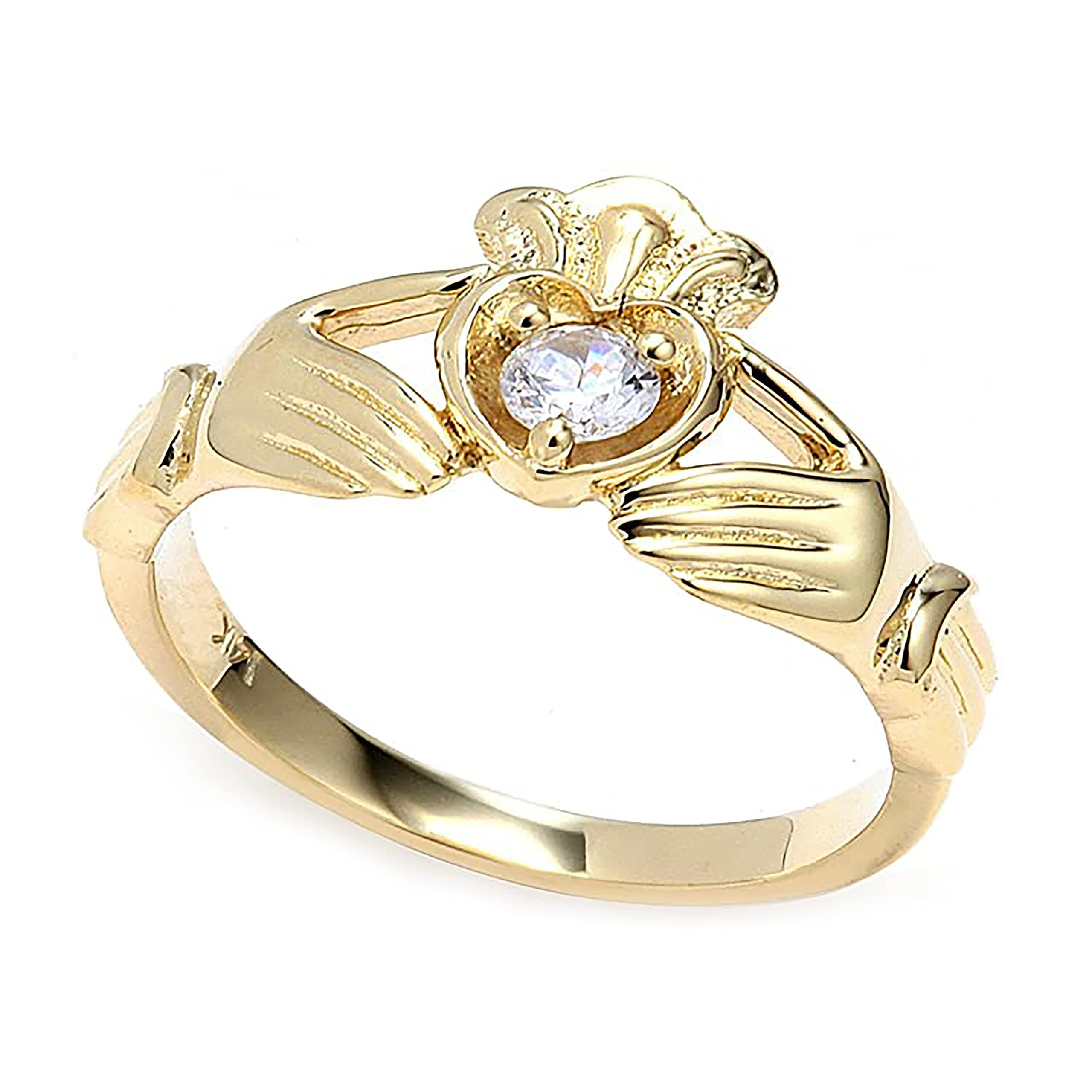 Women's Fine 10k Yellow Gold Custom Personalized CZ Heart Birthstone Claddagh Ring, Size 8.75