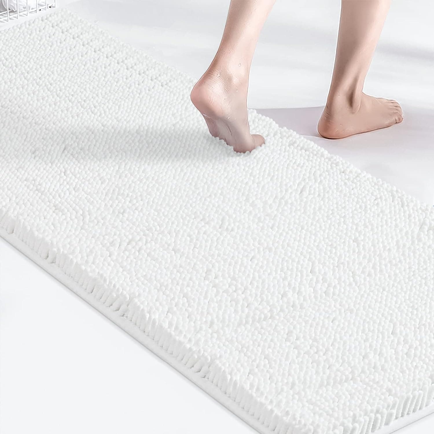 SheeppingBath Rug 59" x 20", Non Slip Chenille Long White Bathroom Runner with Rubber Backing, Fluffy Soft, Ultra Absorbent and Machine Washable Bath Shag Rug for Bathroom Tub and Double Sink