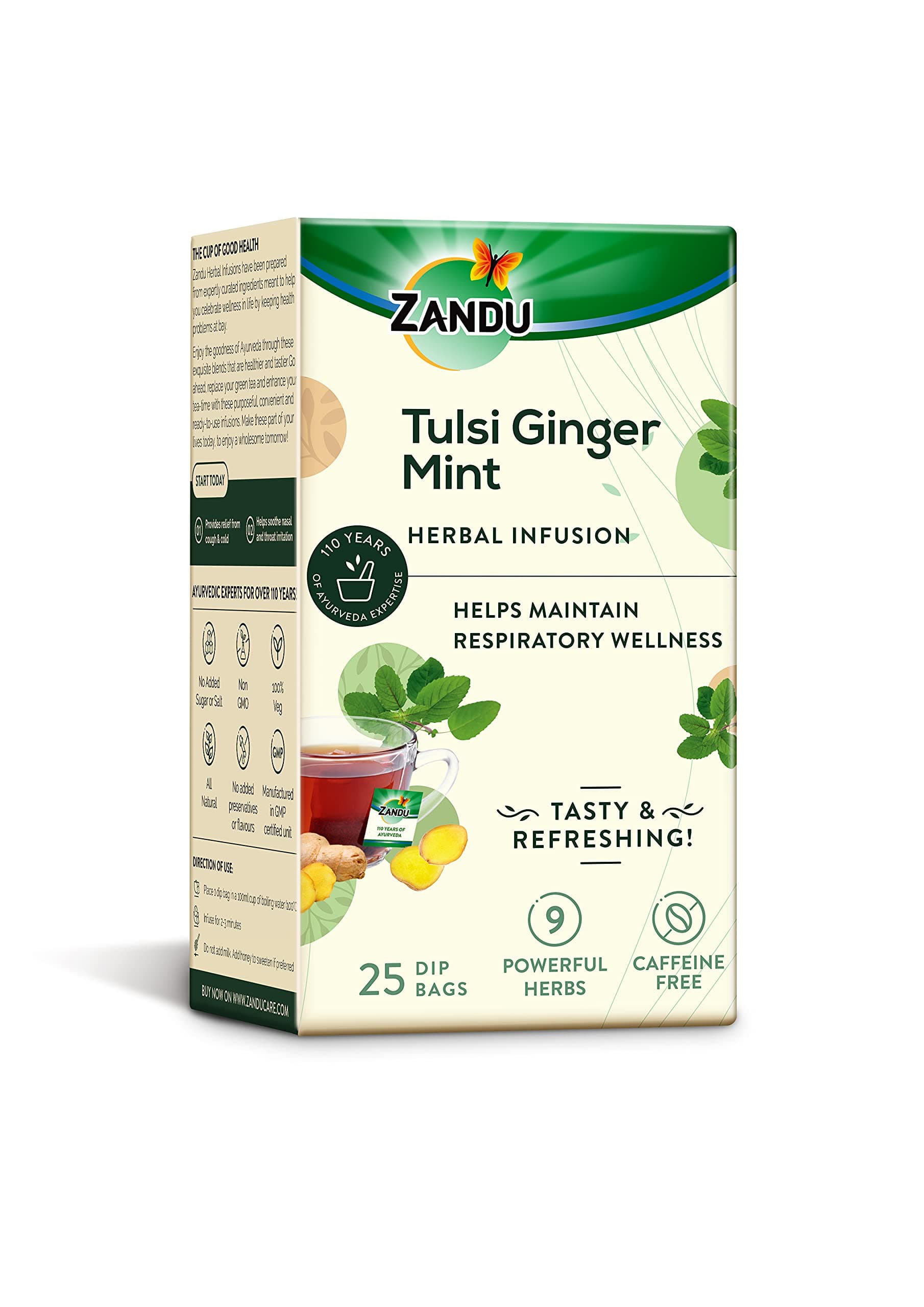 Tulsi Ginger Mint Herbal Infusion, a Herbal Tea Enriched with Ayurvedic Ingredients (25 Tea Bags)