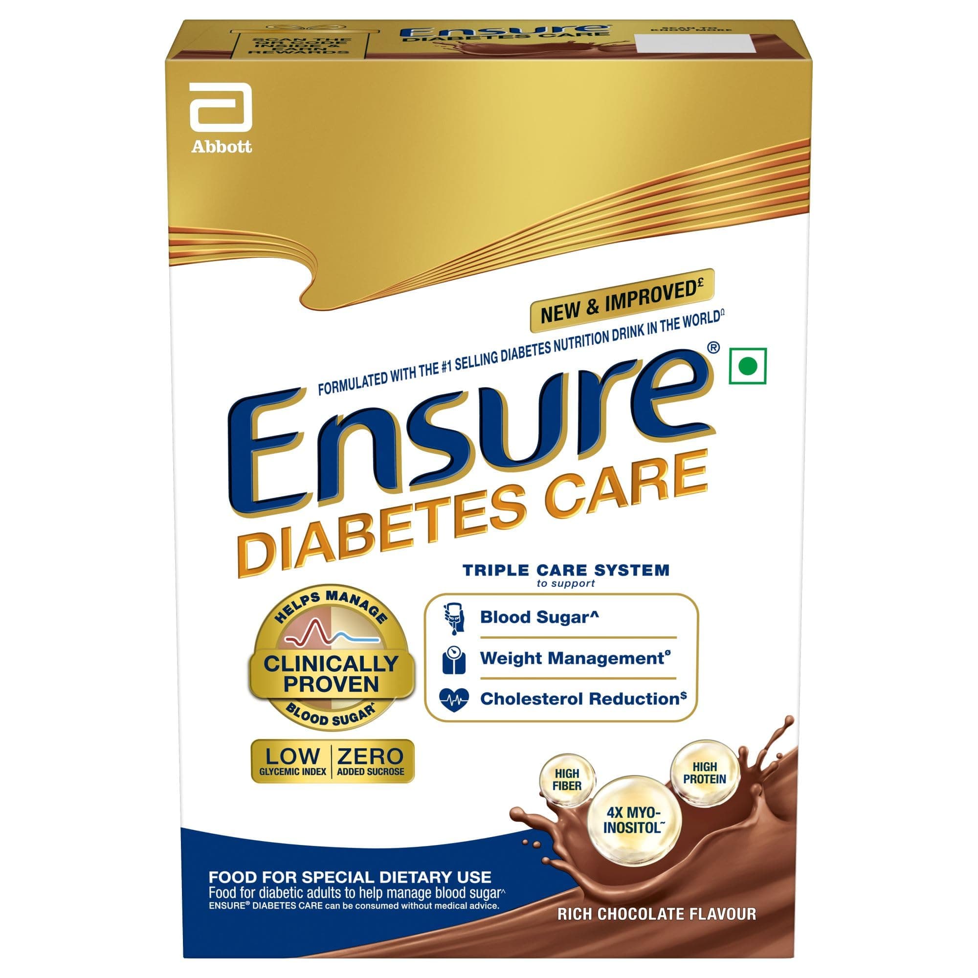 Ensure Diabetes Care | High Protein, High Fibre & 4X Myo-Inositol | Support Blood Sugar, Weight Management, Cholesterol Reduction, 375gm (Chocolate) | Zero Added Sucrose
