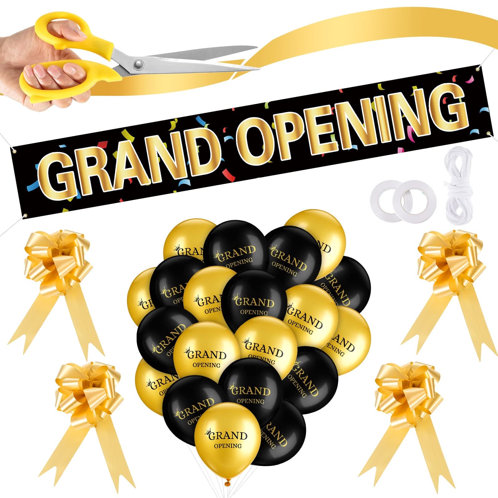 Grand Opening Ribbon Cutting Ceremony Kit Grand Opening Banner Decorations with 10'' Scissors 40 Pcs Balloons Satin Ribbon Bows and More Supplies for Business Events(Black Gold)