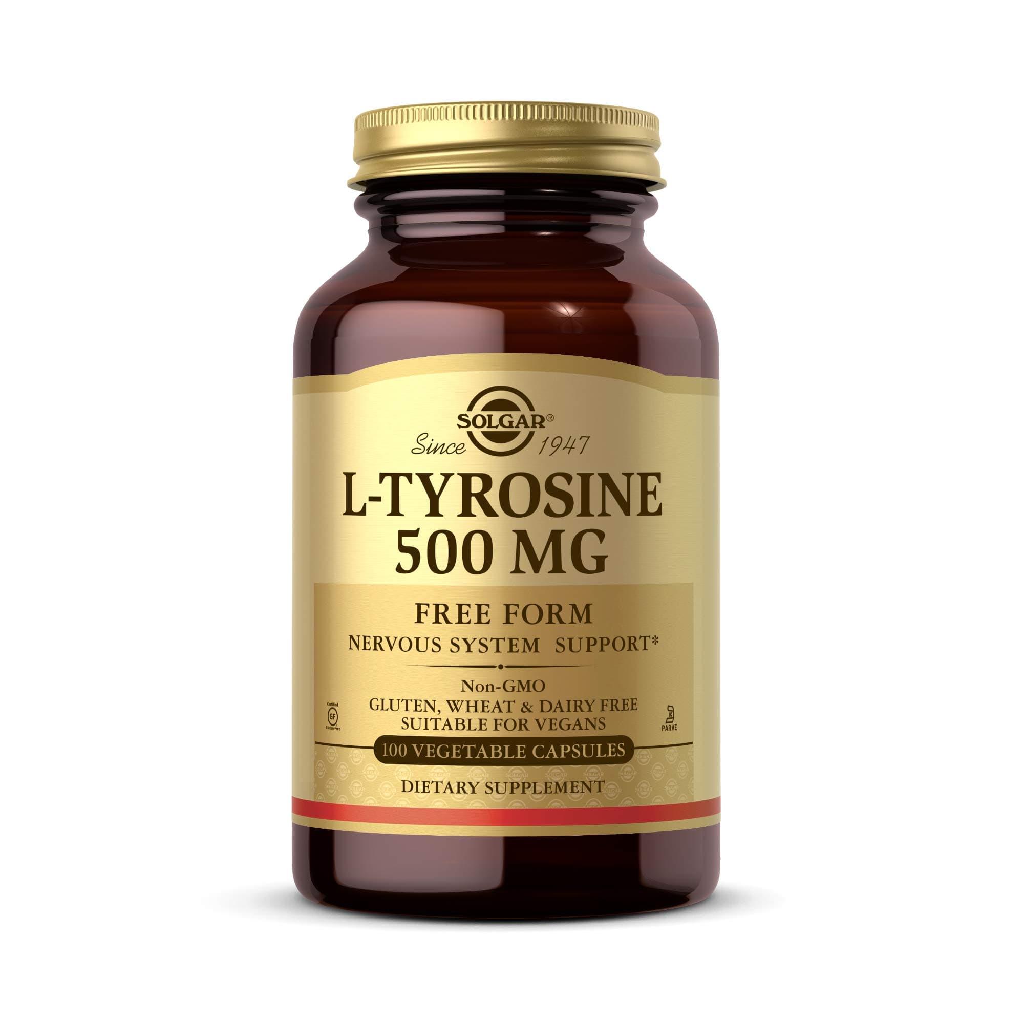 L-Tyrosine 500 mg, 100 Vegetable Capsules - Brain & Nervous System Support - Vegan, Gluten Free, Dairy Free, Kosher - 100 Servings