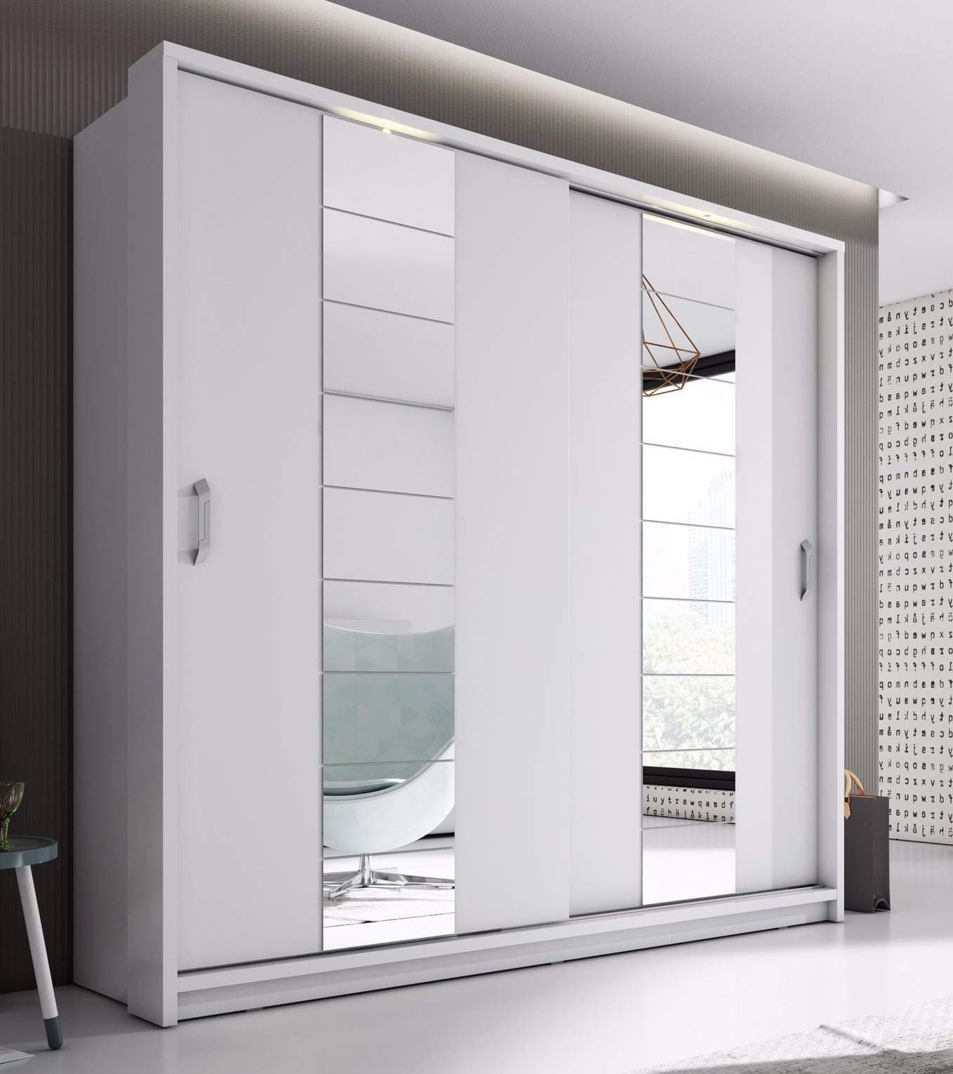 Arthauss Modern Bedroom Mirror 2 Sliding Door Mirror Wardrobe Arti 14 in White Matt 220cm - Flat Pack Furniture, Exceptionally Spacious, LED Lighting, Eight Shelves and Two Hanging Rails