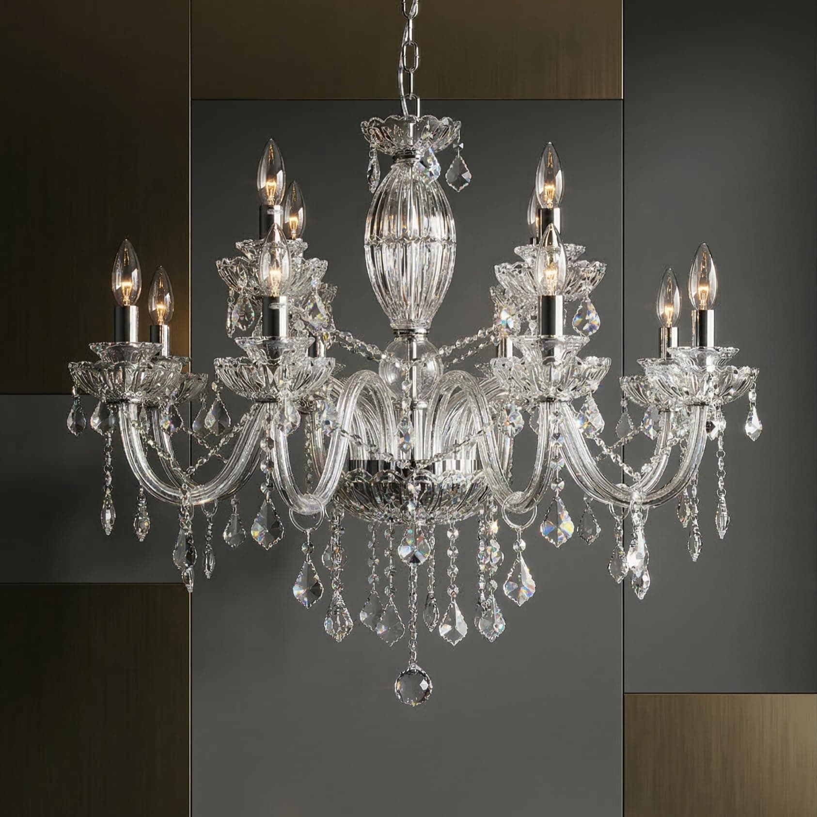 Maxax 12 Lights Crystal Chandelier, Modern Pendant Light Fixture Hanging Raindrop, Chain Adjustable Ceiling Lighting, E12 Base, for Dining Room, Hallway, Kitchen, Chrome