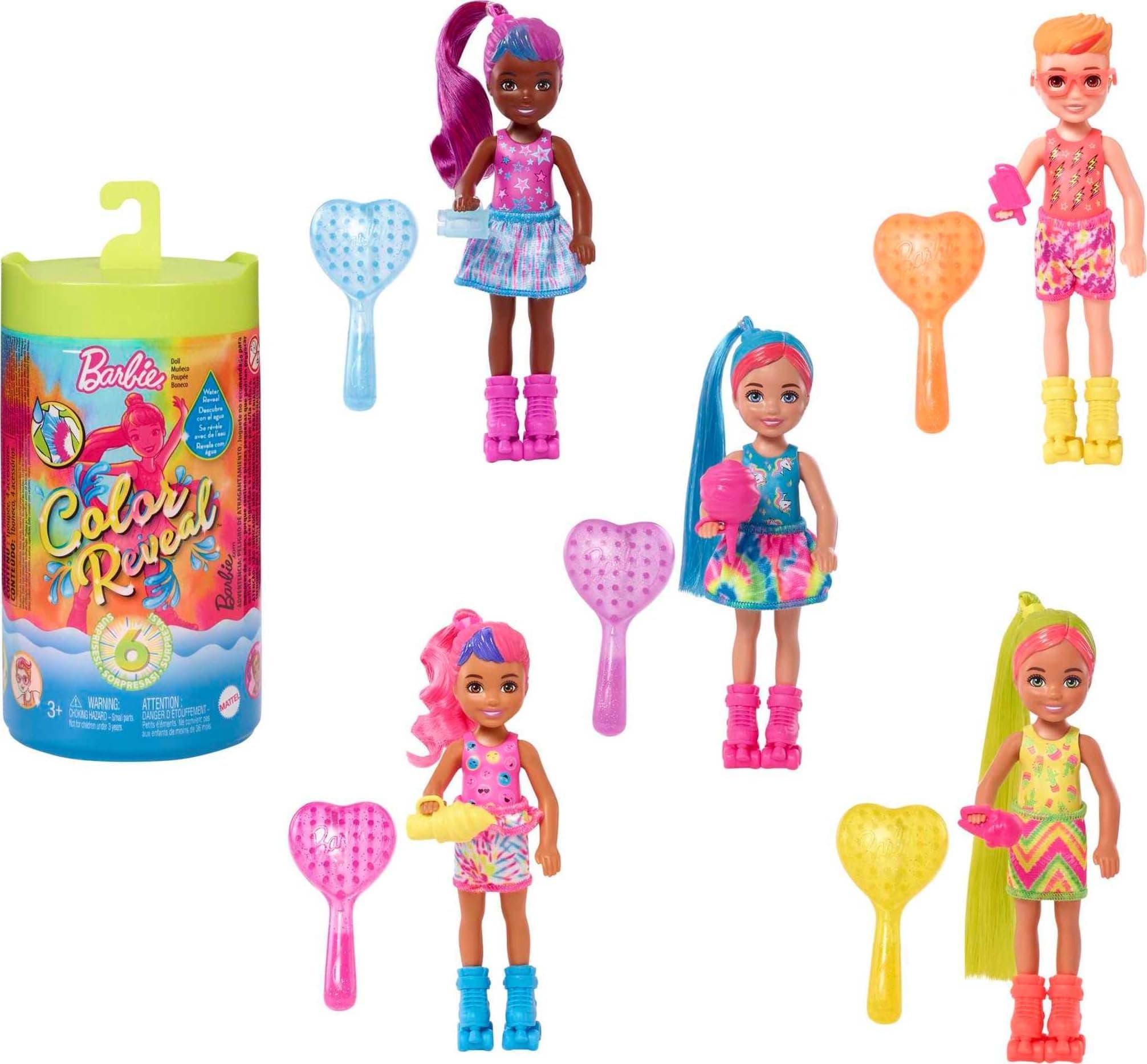 Color Reveal Small Doll & Accessories, Neon Tie-Dye Series, 6 Surprises, 1 Chelsea Doll (Styles May Vary)