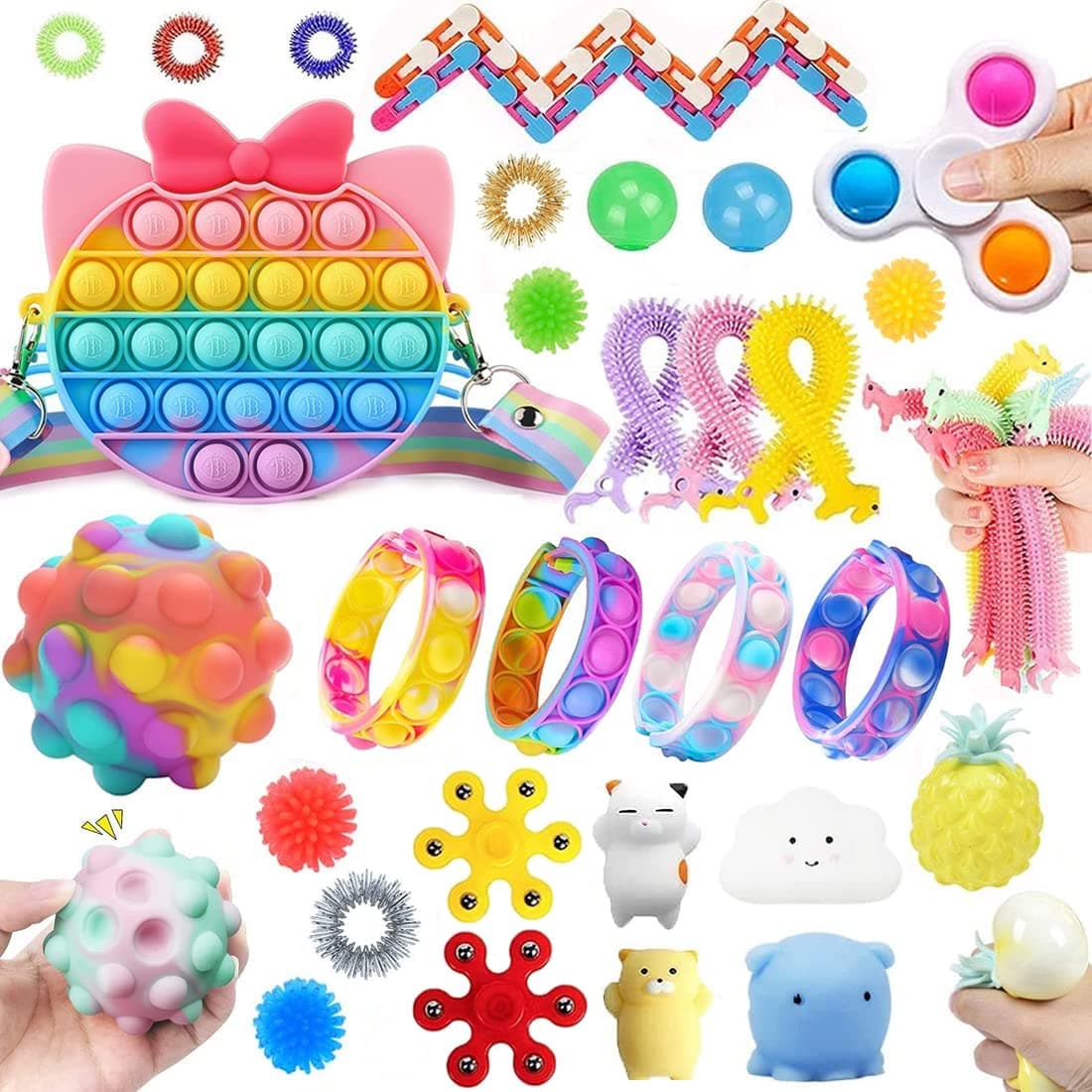 30 Pcs Fidget Toys Set Cheap with Pop Shoulder Purse Bag,Pop it Stress Balls,Figetget Toys set,Pop Fidget School bags for Girls,Anxiety Relief Toys with Stress & Sticky balls, Etc (Cat)