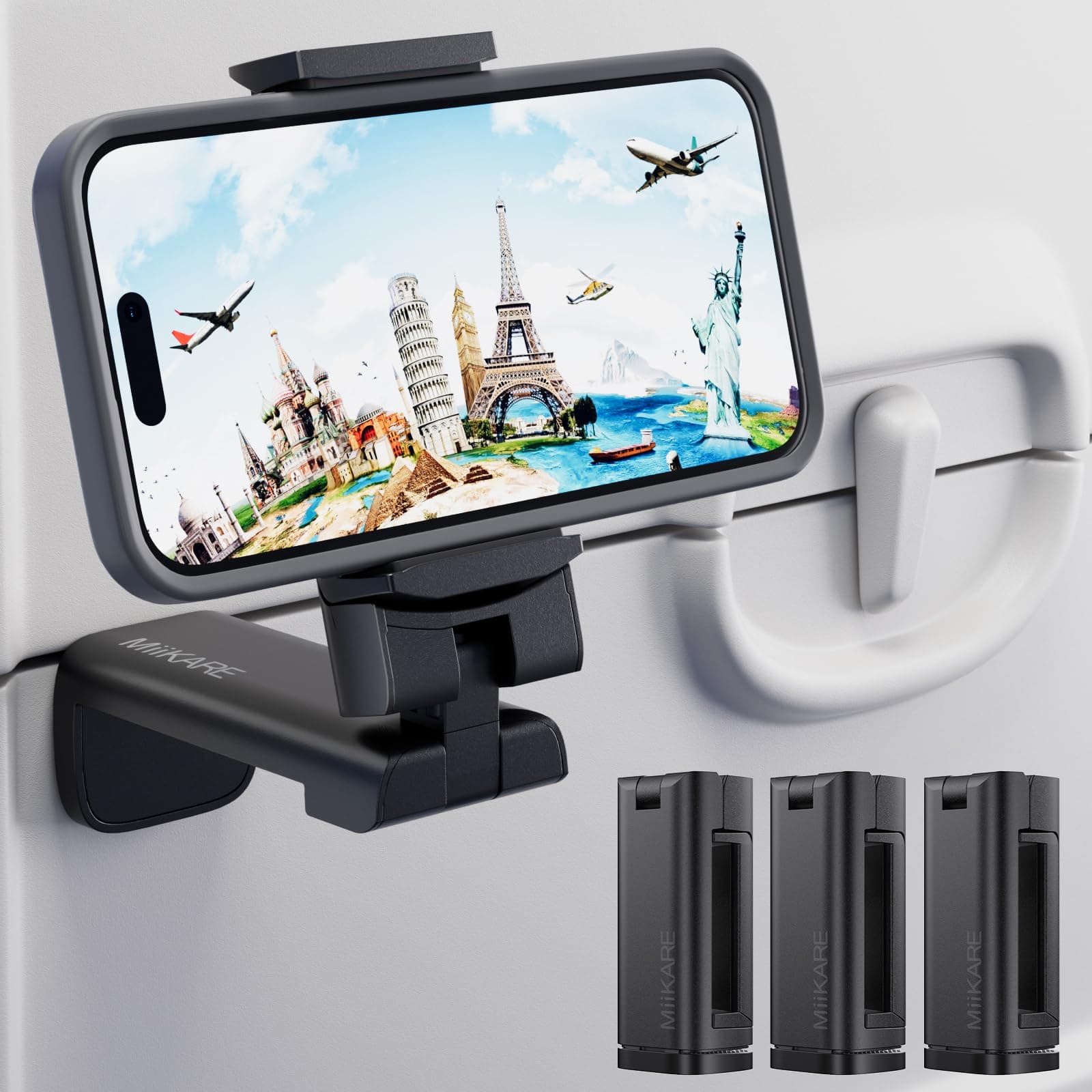 MiiKARE Travel Essentials Airplane Phone Holder, Universal Handsfree Phone Mount for Flying with 360 Degree Rotation, Travel Must Haves Phone Stand for Desk, Tray Table, Black&Black&Black