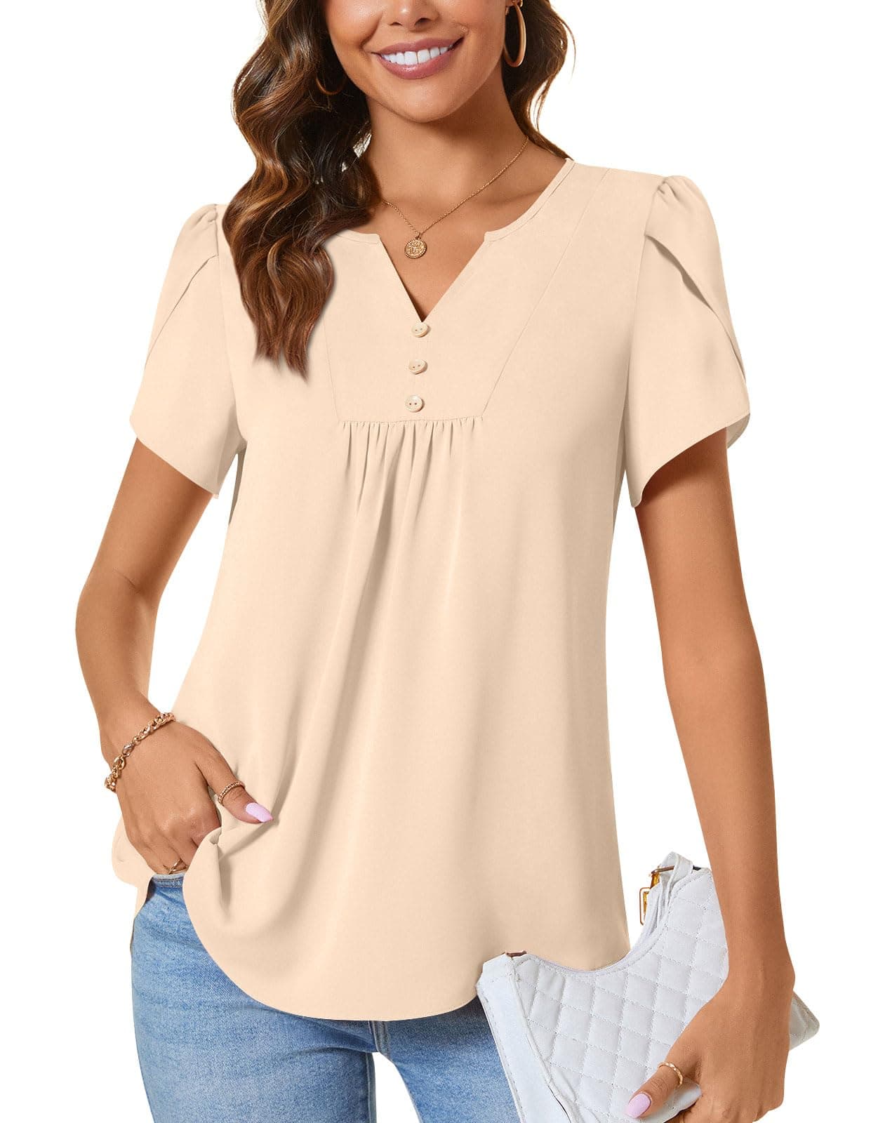 CATHYWomen's Petal Short Sleeve Tunic Tops Dressy Summer Blouses V Neck Button Cute Shirts