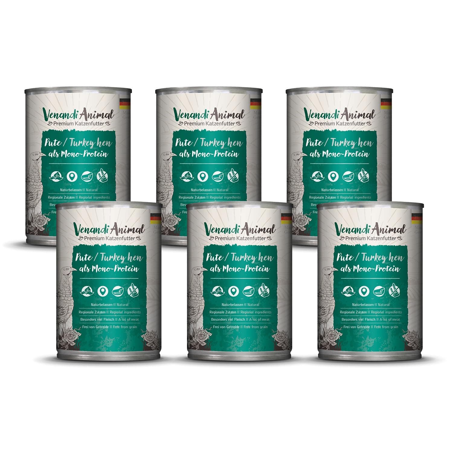 Venandi Animal Premium Cat Food, Turkey Hen as Monoprotein, Wet Food, Grain-Free and Natural, Pack of 6 (6 x 400 g)