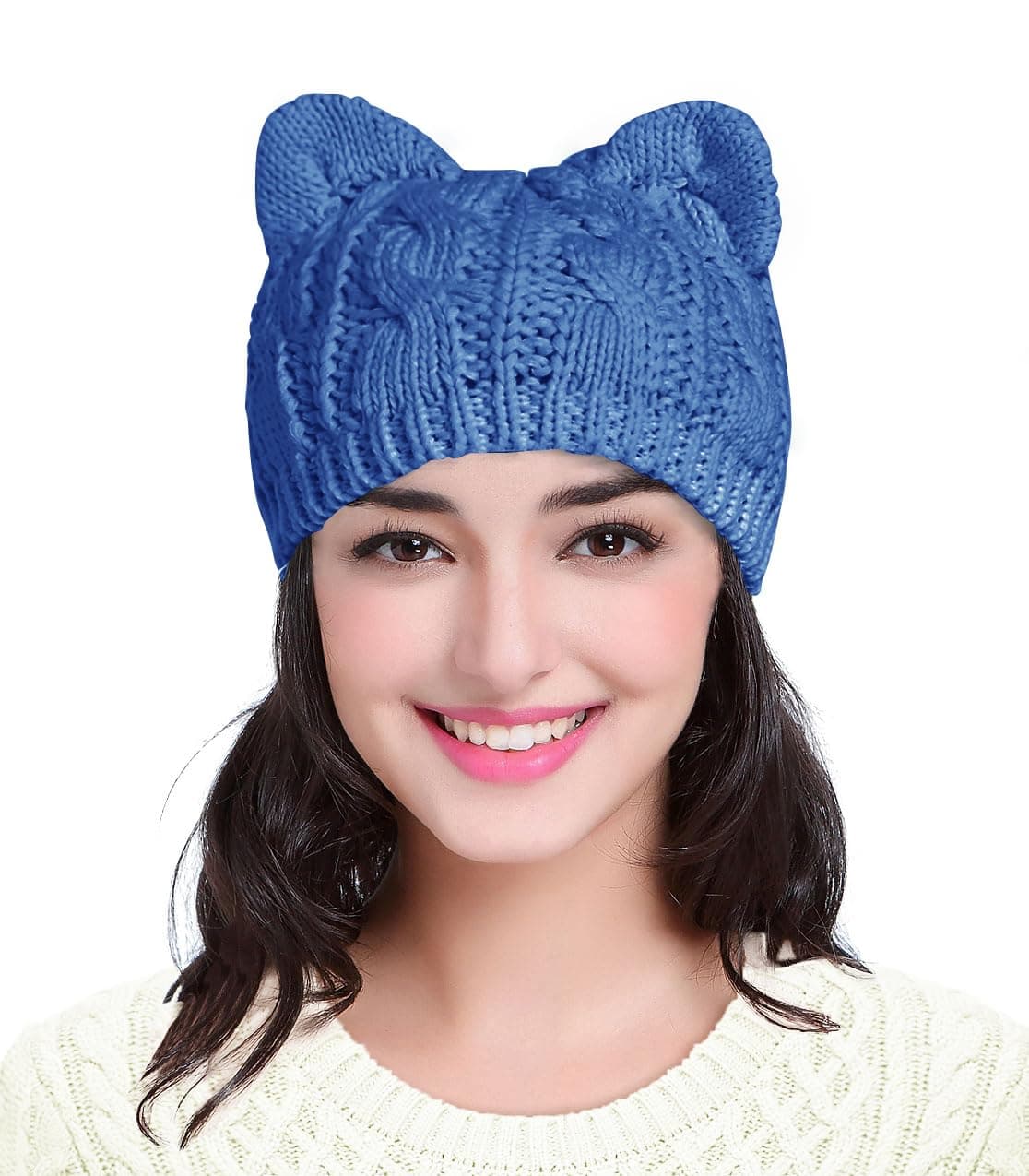 Women Men Girls Boys Teens Cute Cat Ear Knit Cable Rib Hat Cap Beanie