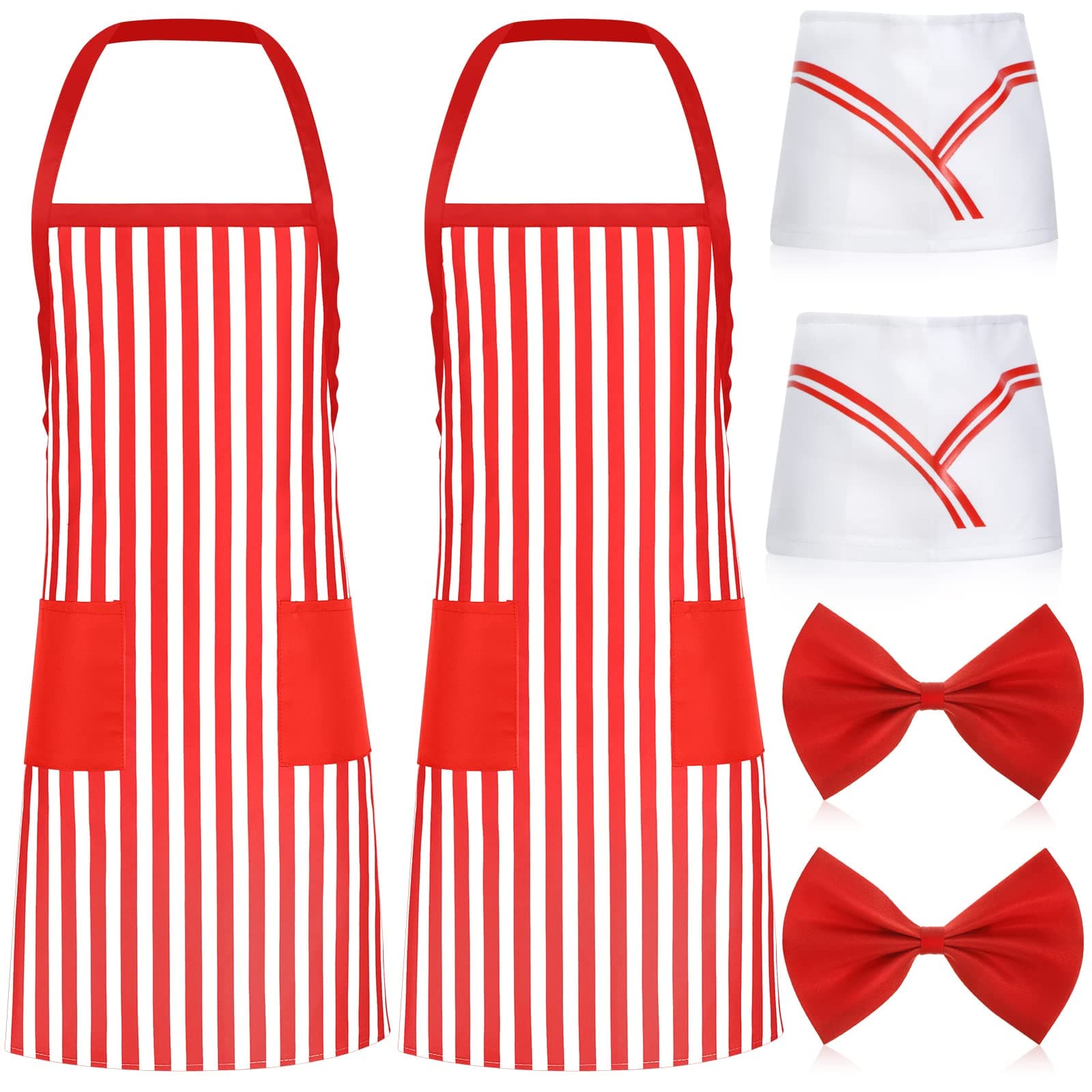 6 Pcs 1950s Waiter Adult Costume Kit Soda Jerk Costume Ice Cream Outfit Red White Striped Apron 2 Pocket Chef Hat Bow Tie