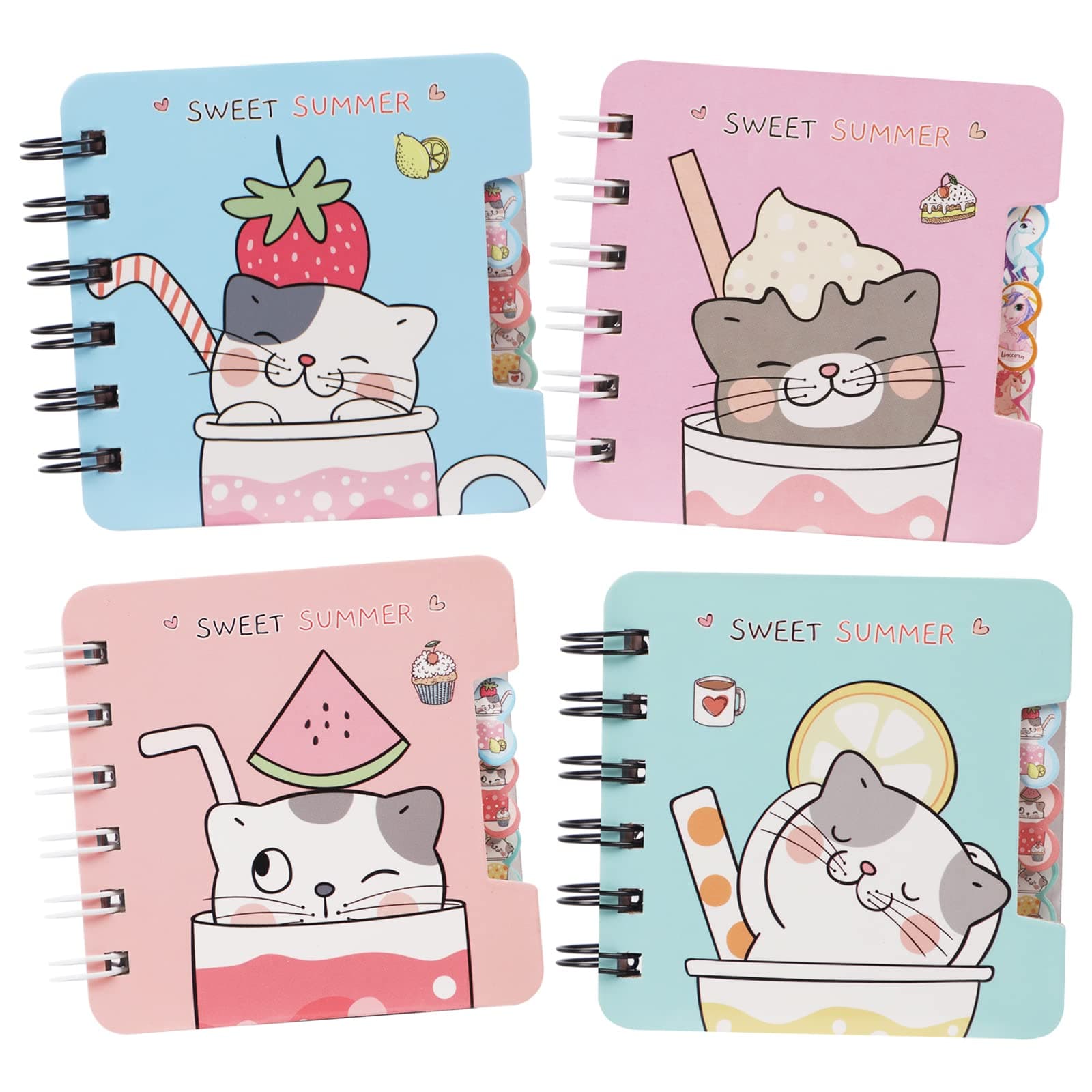 A7 Mini Pocket Notebook, Cute Cat Spiral Lined Notebook, Kawaii Notepad Set for Kids, Little Girls, 4 Pack