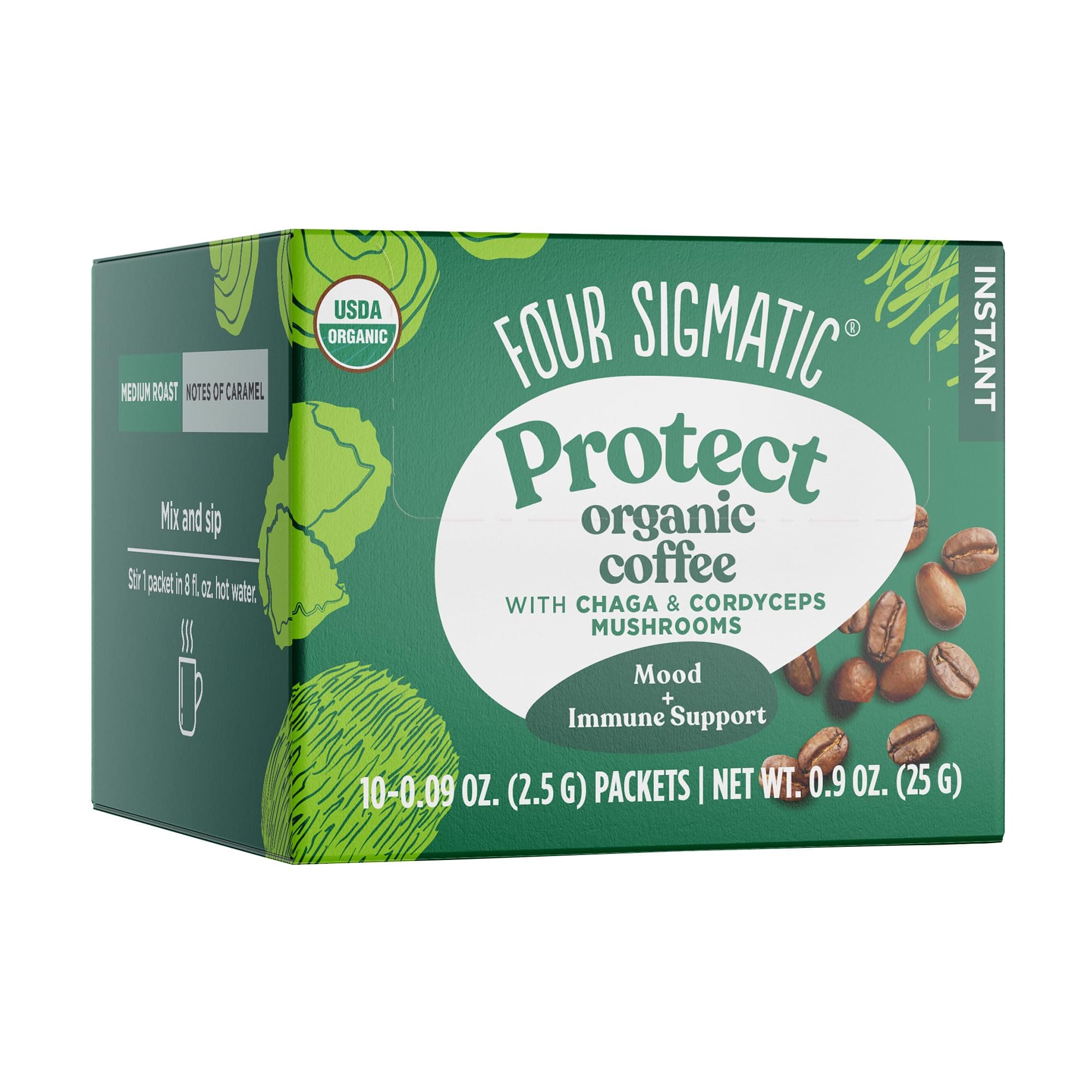 Four Sigmatic Organic Instant Coffee Powder | Mushroom Coffee Instant Mix with Cordyceps, Chaga and Eleuthero for Better Focus and Immune Support | 10 Packets