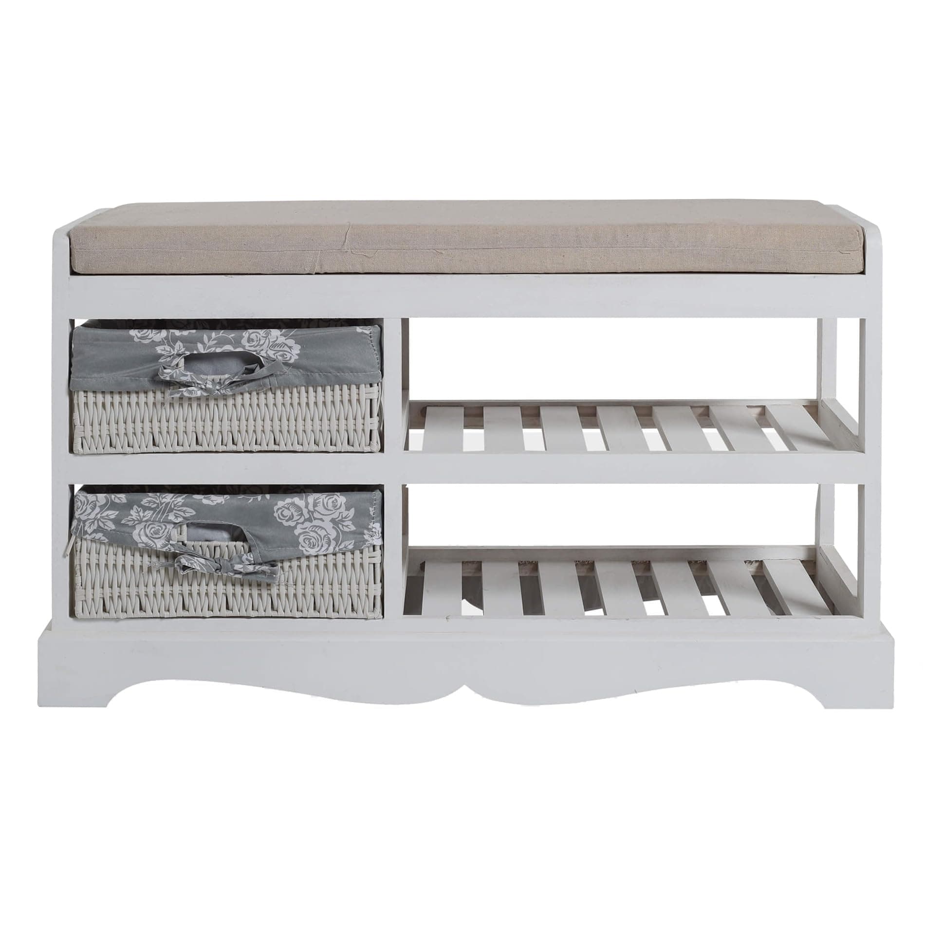 Rebecca Mobili Seat Bench Storage Unit 2 Drawers 2 Shelves Wood Wicker White Counrty Style Living Room Entrance - 46 x 80 x 33 cm (H x W x D) - Art. RE4020
