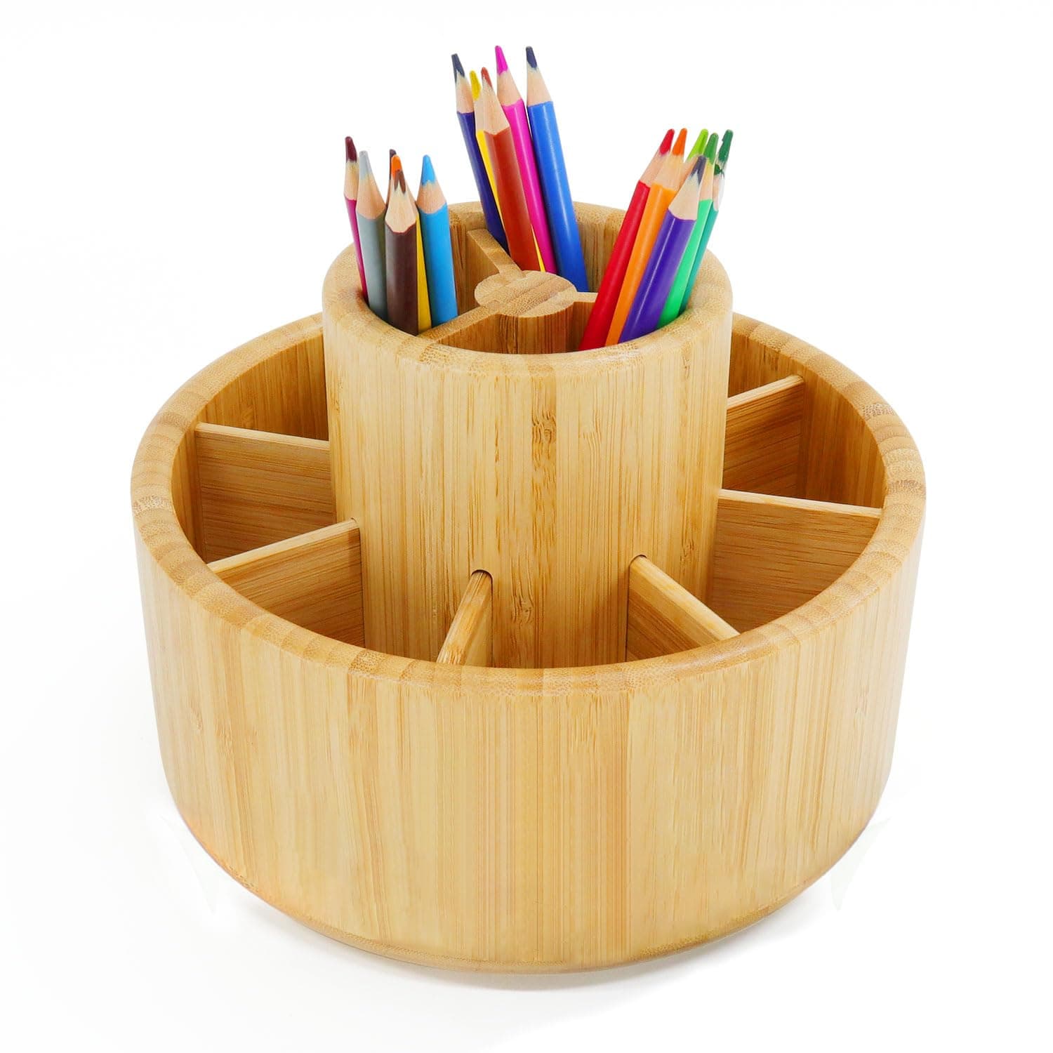 Bamboo Rotating Pencil Holder, School Desk Art Supplies Organiser, Wooden Large Capacity Stationery Holder for crayons, paintbrushes, 360 degree rotatable pen organisation