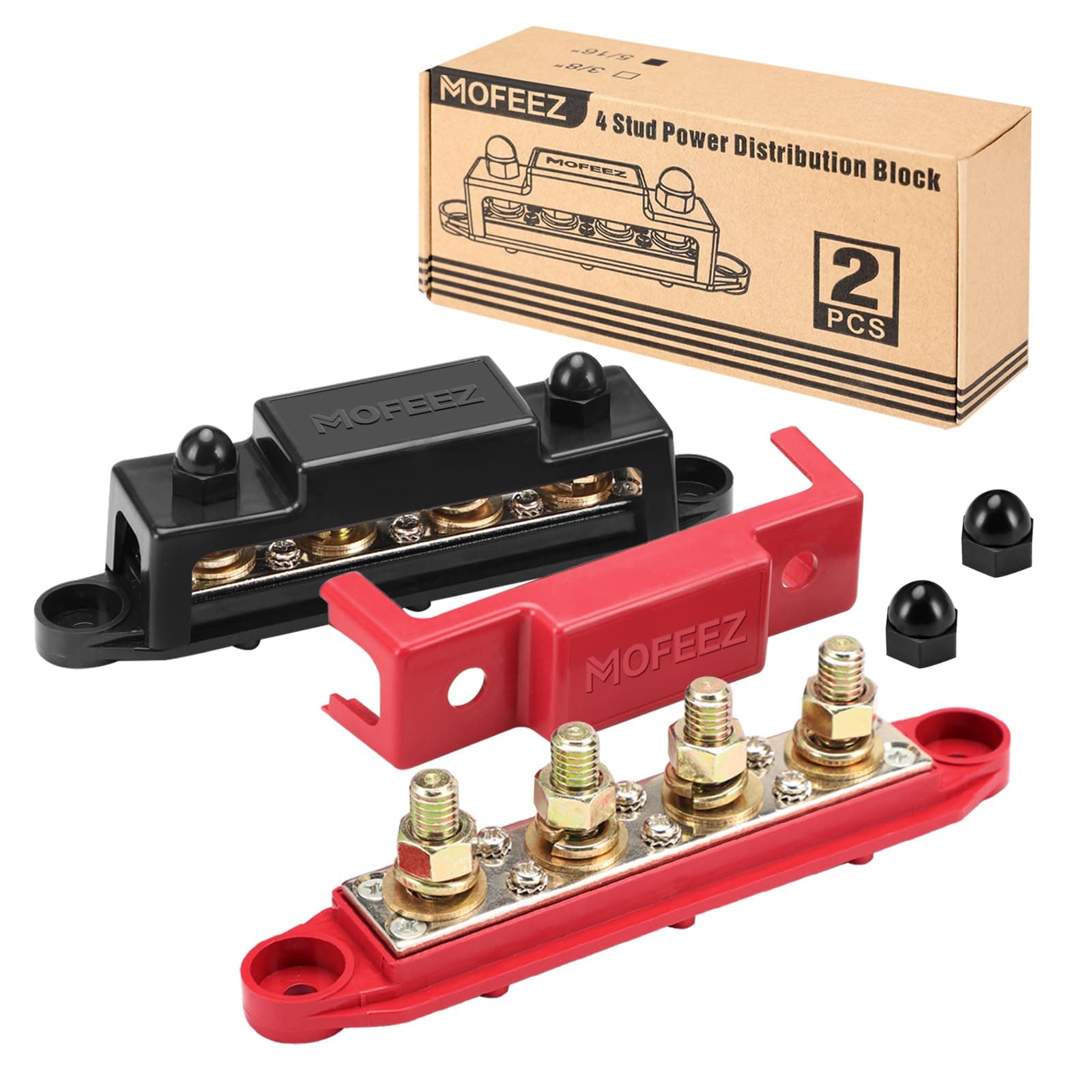 MOFEEZ Power Distribution Block Bus Bar, 4 x 3/8" Posts, 6 x #8 Screws Terminals, Max 48V 250A (Pair, Red & Black)