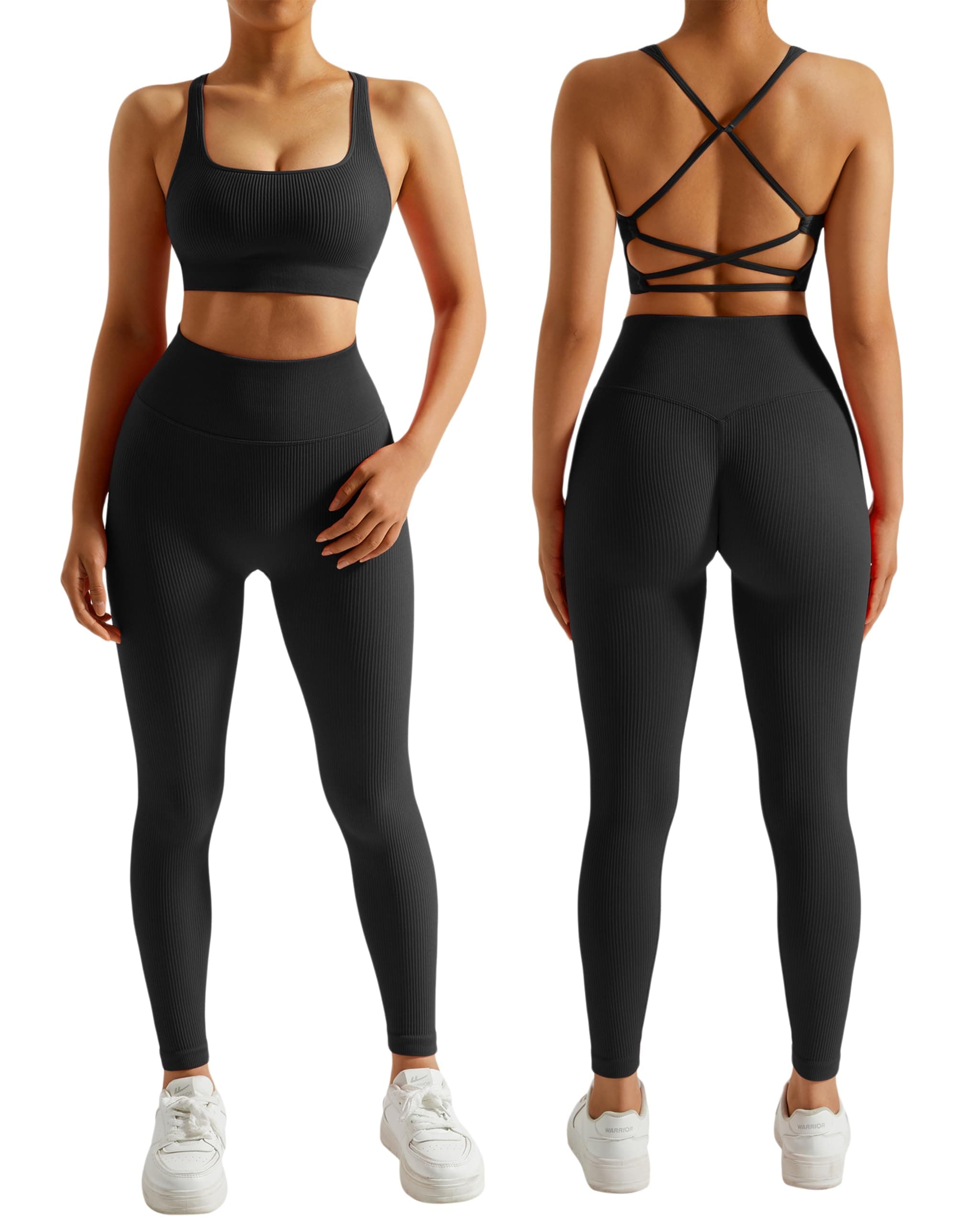 RXRXCOCORibbed Workout Sets for Women 2 Piece Backless Strappy Sports Bra Seamless Leggings Matching Set Yoga Outfits