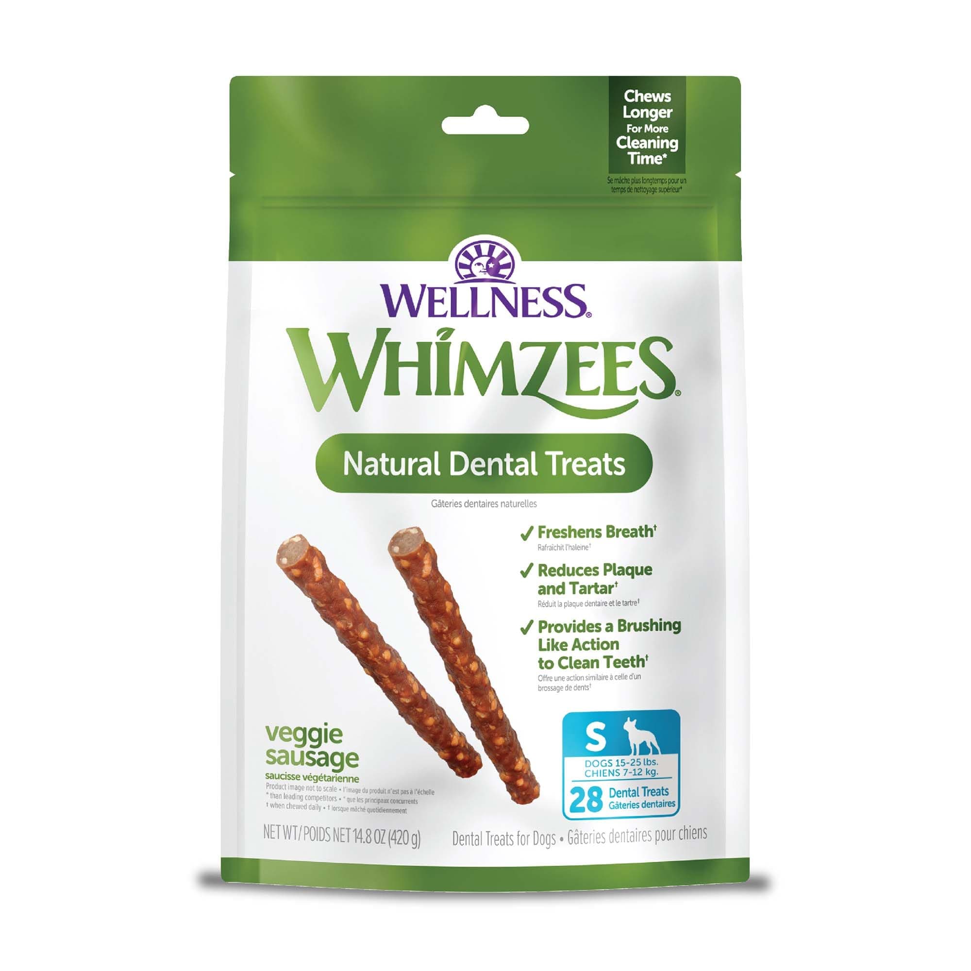 Natural Grain Free Daily Dental Long Lasting Dog Treats, Veggie Sausage, Small, Bag of 28
