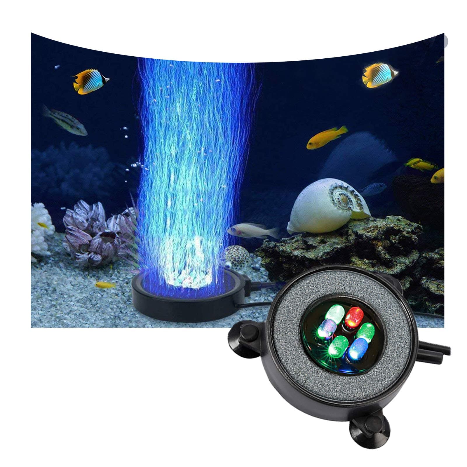 LED Aquarium Air Stones Fish Tank Bubbler Light Air Stone Diffuser Decor Lamp with Sucker Colorful Backgound Lighting (2.2inch Light Disk(No Remote))