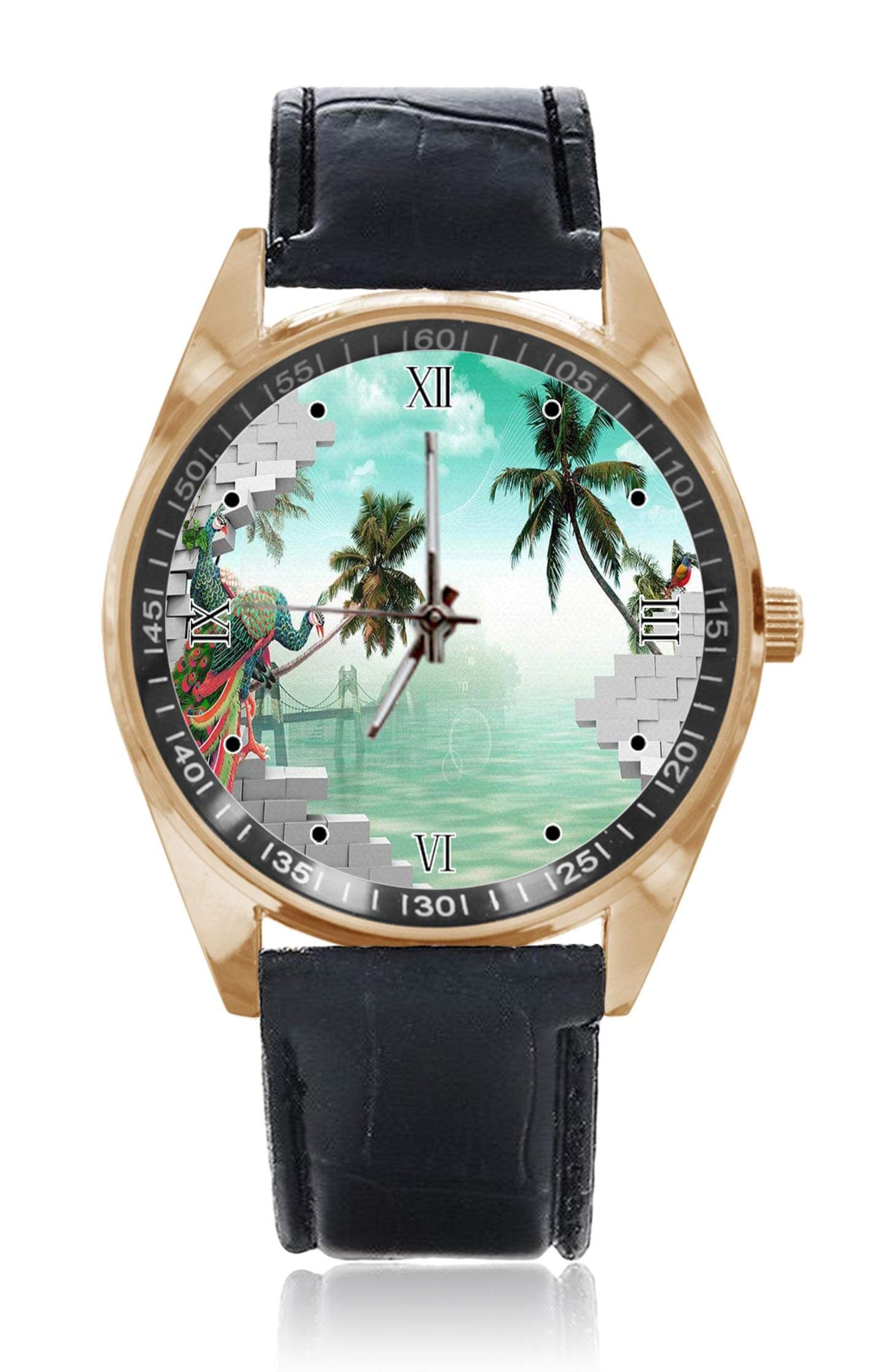 Choeter Peacock With Abstract Brick Wall Custom Personalized Mens Womens Watch Waterproof Stainless Steel Quartz Wrist Watches with Replaceable Leather Band