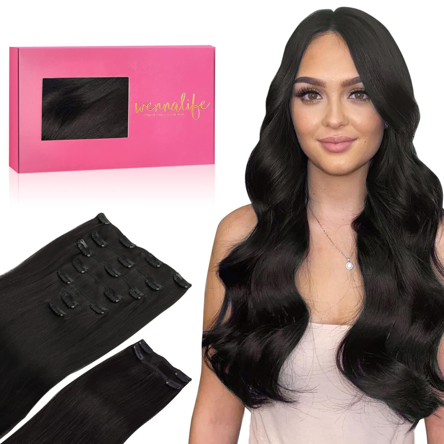 WennalifeClip in Hair Extensions Real Human Hair, 150g 18 Inch 9pcs Natural Black Remy Hair Thicker Double Weft Extensiones De Cabello Humano Con Clip Ins