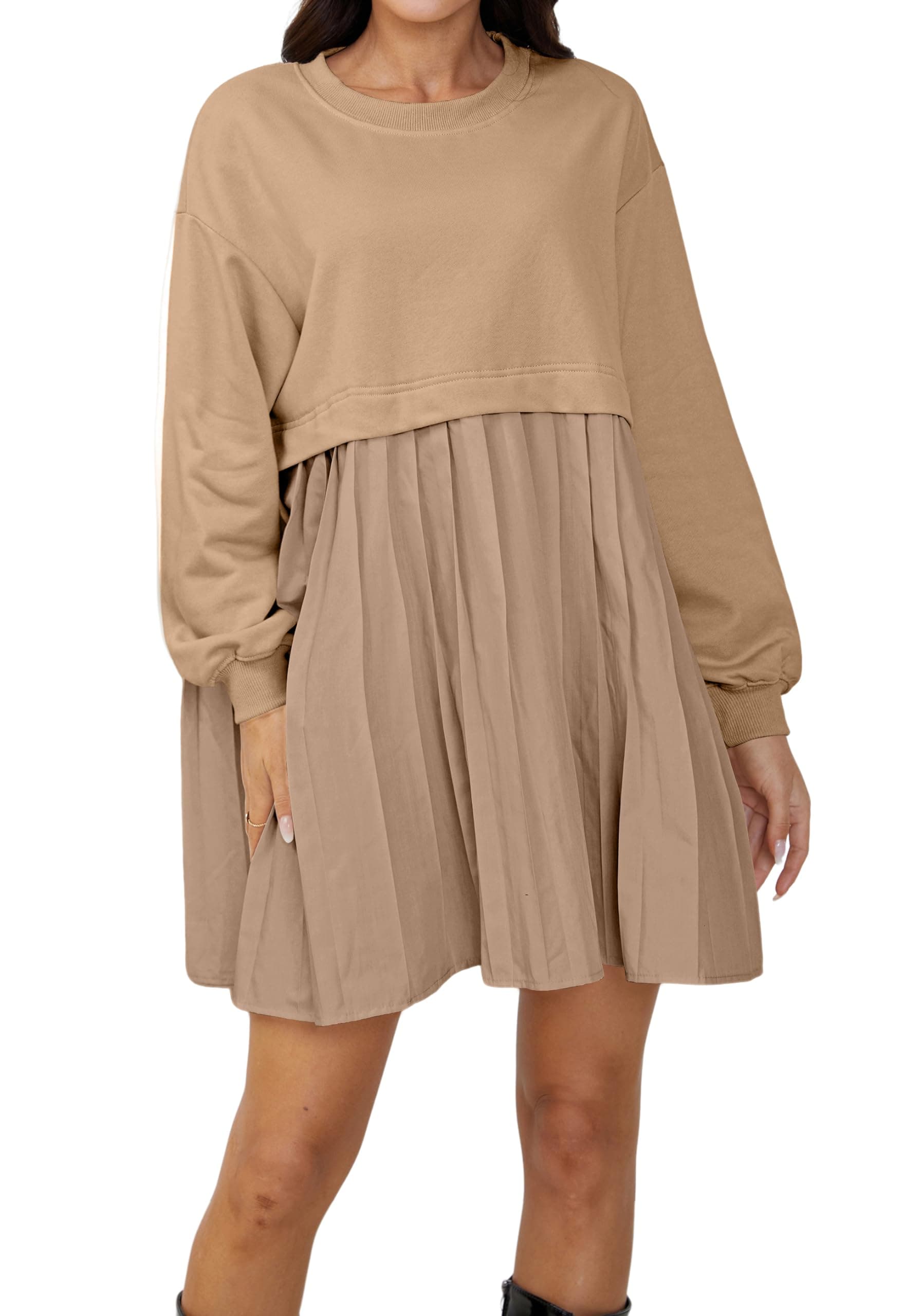 MISSACTIVERWomen Oversized Sweatshirt Dress Patchwork Crewneck Long Sleeve Pullover Tops Flowy Pleated Sweatshirt Mini Dress