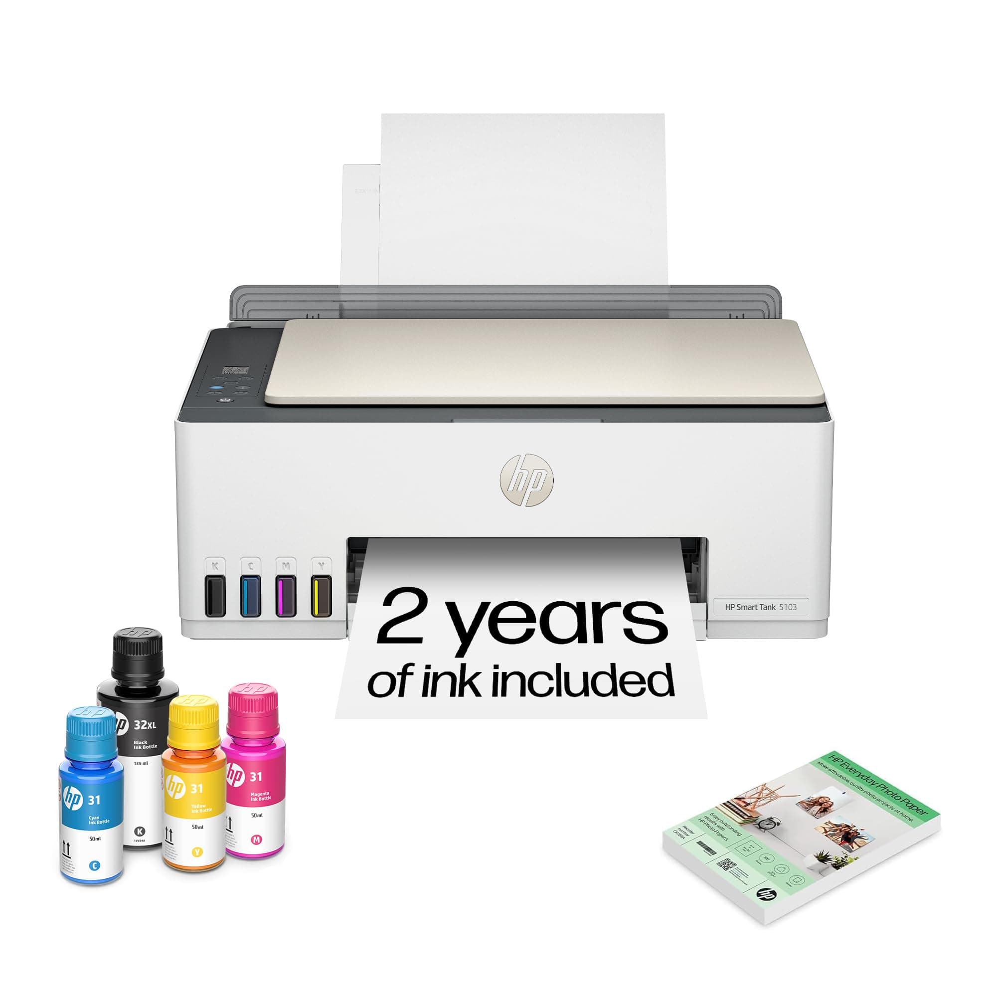 HP Smart Tank 5101 Wireless All-in-One Ink Tank Printer, including 2 years of ink, Printing, scanning, copying, Best for home, Refillable ink tank (1F3Y0A)