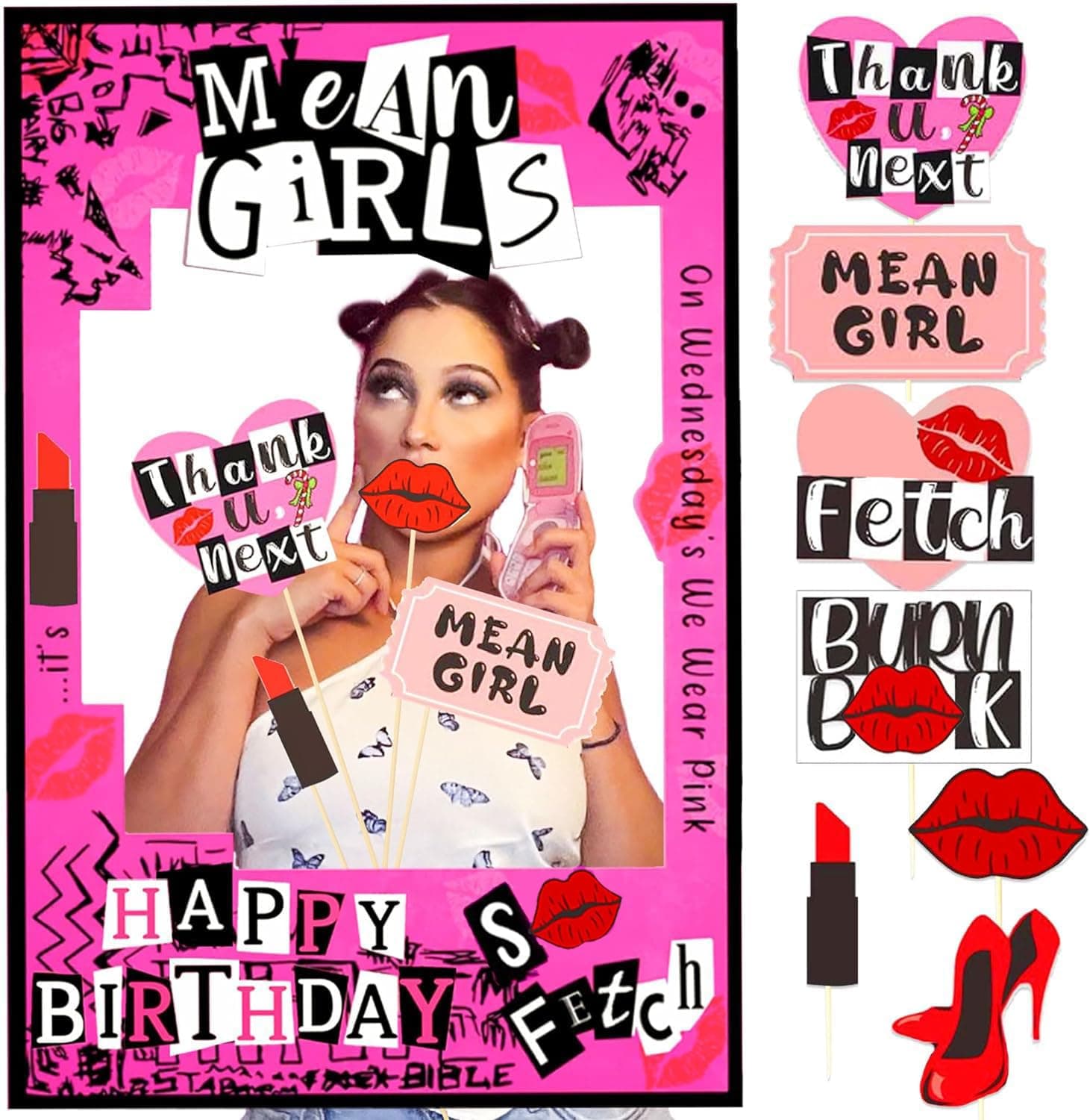 LaVenty Mean Girl Birthday Party Photo Booth Props Frame Mean Girl Party Decoration Y2k Birthday Party Decorations Hot Pink Girls Birthday Party Supplies