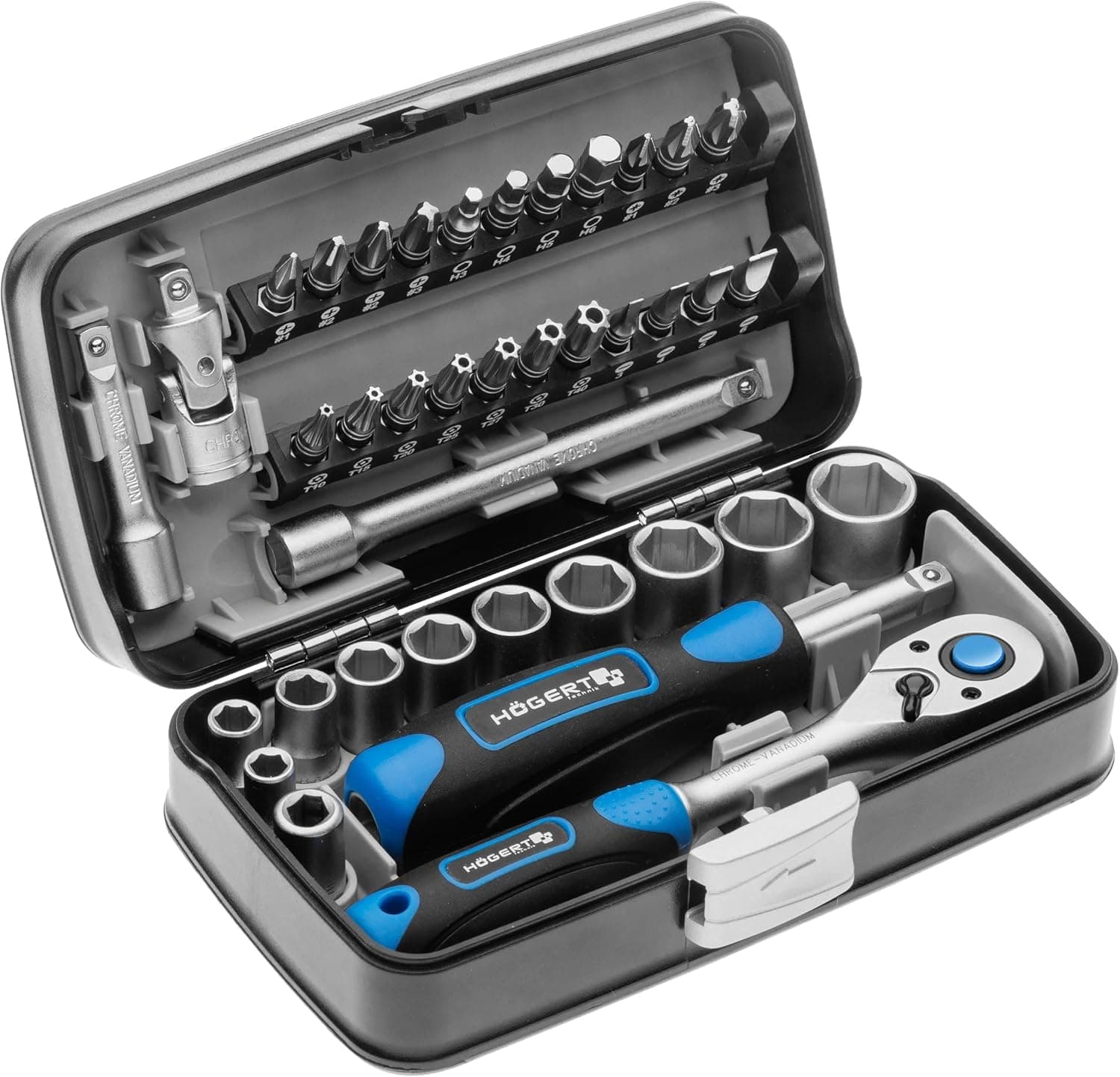 Högert Technik - Tool Set I Socket Spanner, Bits and Equipment 1/4 Inch I Alloy Chrome Vanadium Steel I Drop Forged I Ratchet Mechanism with 72 Pawls I HT1R462-38 Pieces