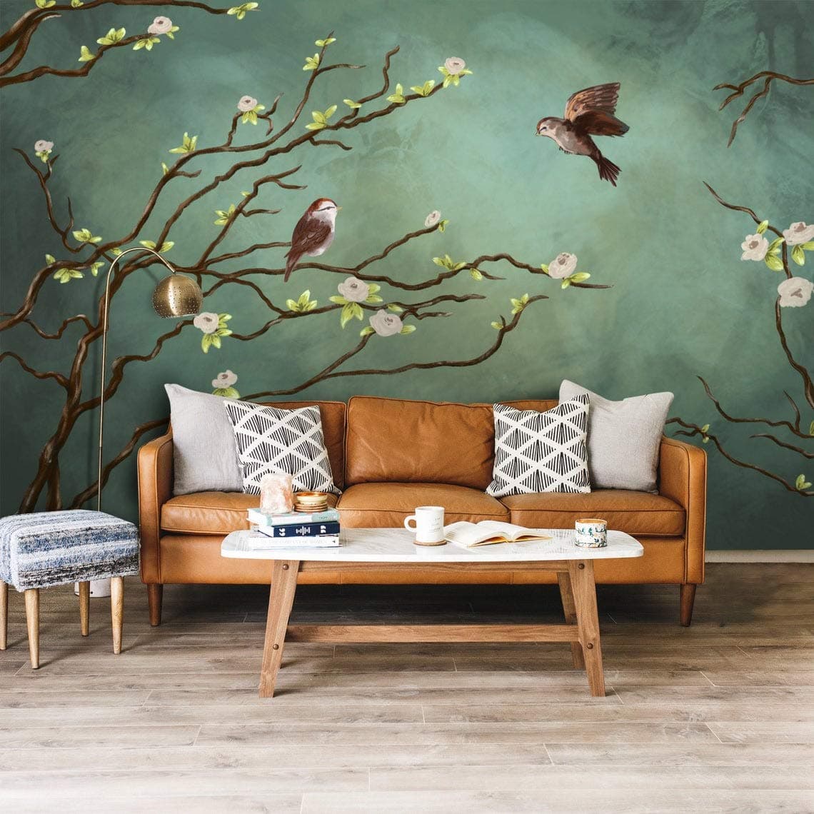 3D Sparrow Wallpaper, Green 3D Wall Mural, Living room Peel & Stick Wallpaper - Custom Size (Cute Sparrows & Spring Trees)