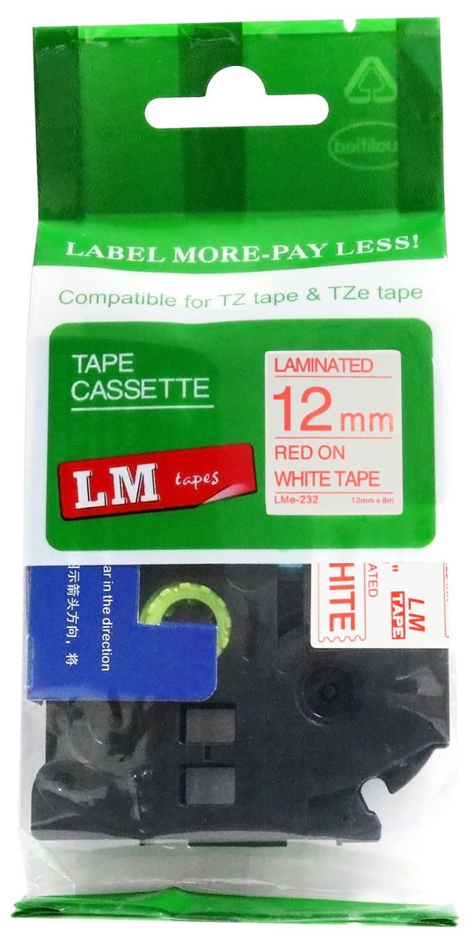LM Tapes - Brother PT-1290 1/2" (12mm 0.47 Laminated) Red on White Compatible TZe P-Touch Tape for Brother Model PT1290 Label Maker with Free Tape Guide Included