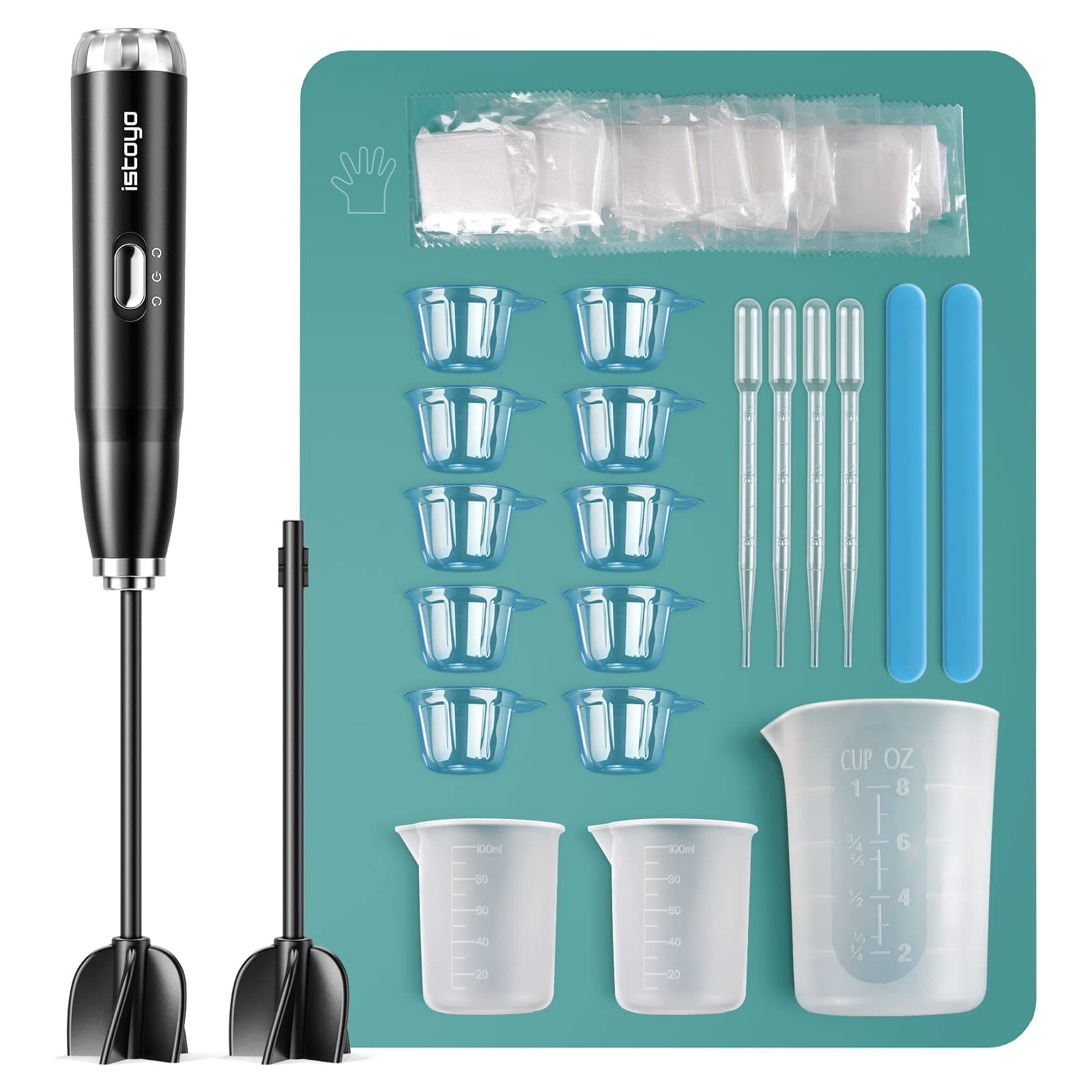 ISTOYO Silicone Measuring Cups Resin Supplies, 250ml & 100ml Resin Mixing Cups and Tools Kits, Silicone Mat, Pipettes, Gloves, Resin Mixer and Silicone Stir Sticks, Resin Molds, Soap Making Kit