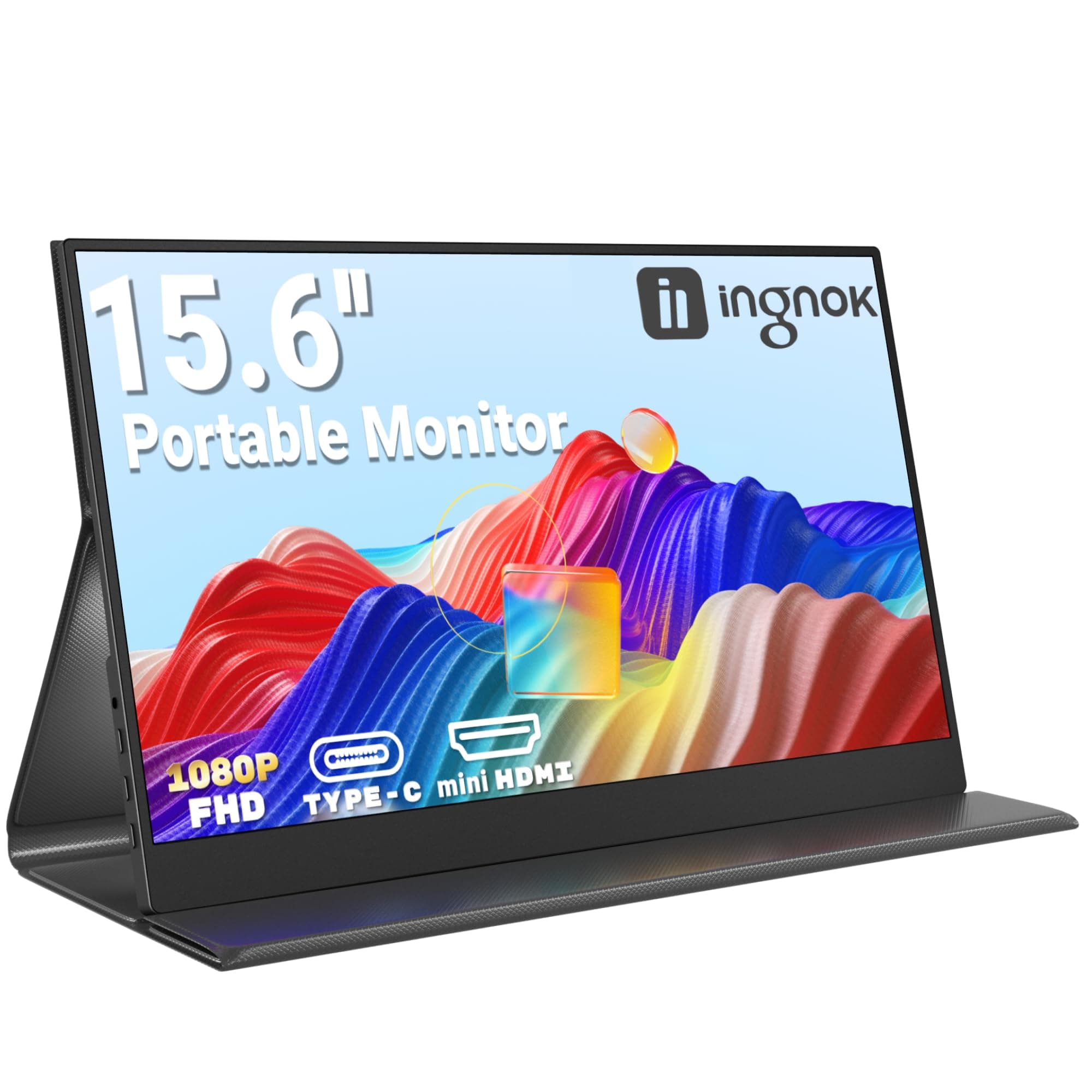Ingnok Portable Monitor 15.6" FHD 1080P IPS Portable Screen with Magnetic Smart Cover, Ultra-Slim Second Screen for Laptop/PC/Mac/PS3/4/5/Xboxs- USB C & HDMI