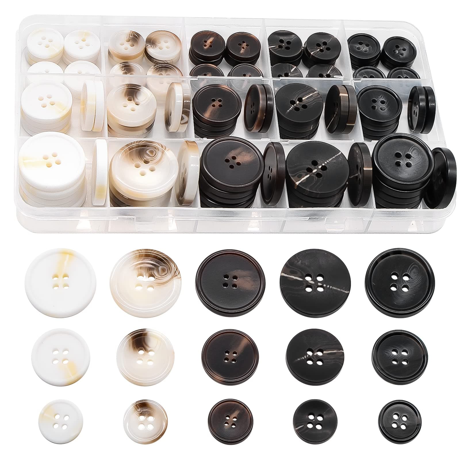110Pcs Mixed Sewing Buttons, 4-Hole Craft Round Blazer Buttons, 5 Color 3 Size(15mm,20mm,25mm) Suit Coats Resin Button, Suitable for Variety Clothing Sewing, DIY Craft(White)