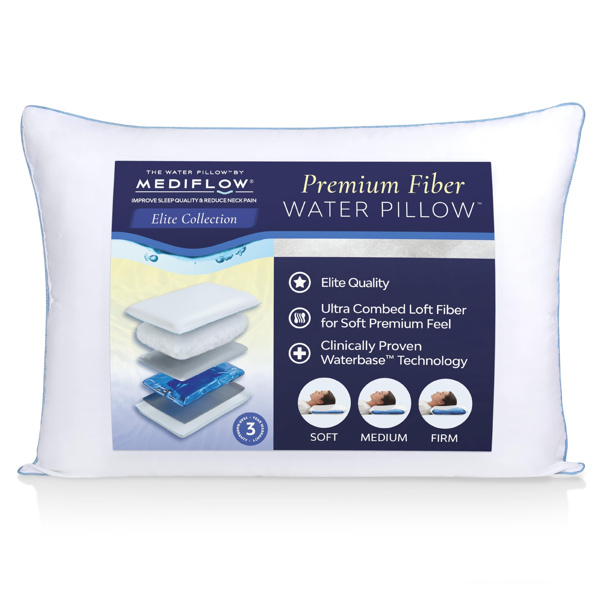 Mediflow Water Pillow - Elite Collection, Fiber Pillow. Orthopedic Pillow for Neck Pain Relief, Adjustable Water Pillow for Sleeping. (Single Pillow), White