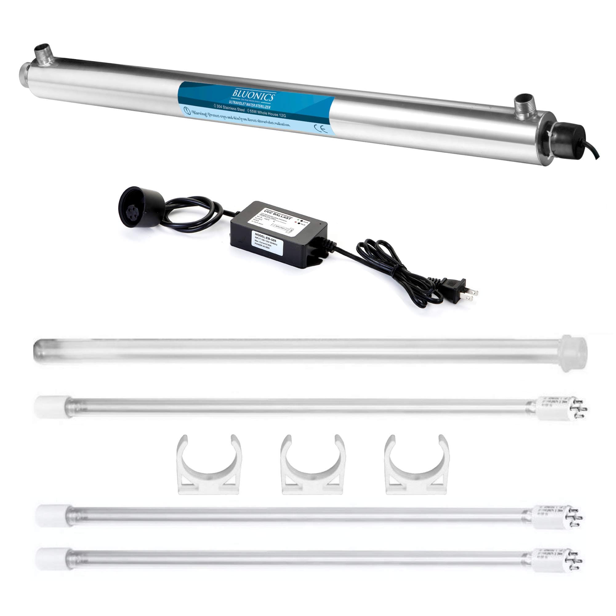 UV Water Filter Purifier for Whole House Ultraviolet Light Purification Filtration System 12 GPM 55W 110V 3/4 inch MNTP Inlet Outlet by Bluonics