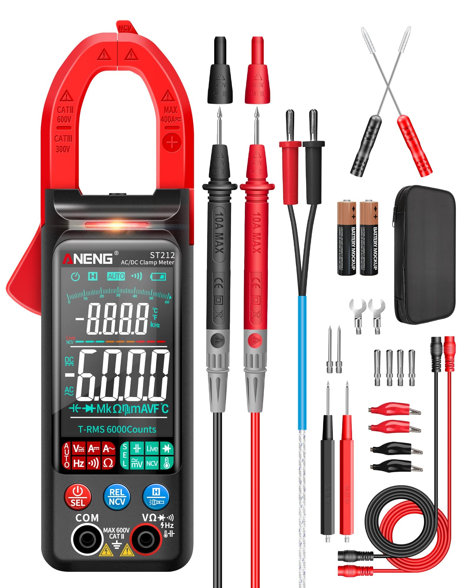 ANENG Clamp Meter Multimeter Tester Auto Ranging TRMS 6000 Counts AC/DC Current Voltage Ohm Volt Amp Meter Meansures NCV Continuity Diode Resistance Capacitance Null/Fire Wire Electrical Tools