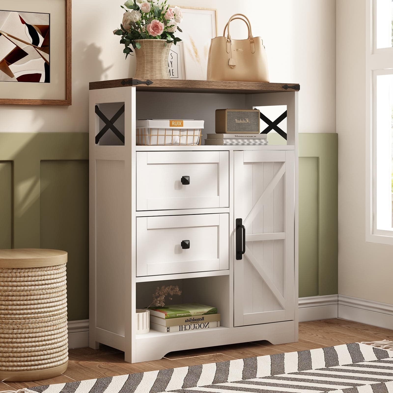 Fameill White Farmhouse Storage Cabinet with 2 Drawers & Shelves,Freestanding Kitchen Cabinet with Doors,Floor Storage Organization for Living Room,Bathroom,Laundry