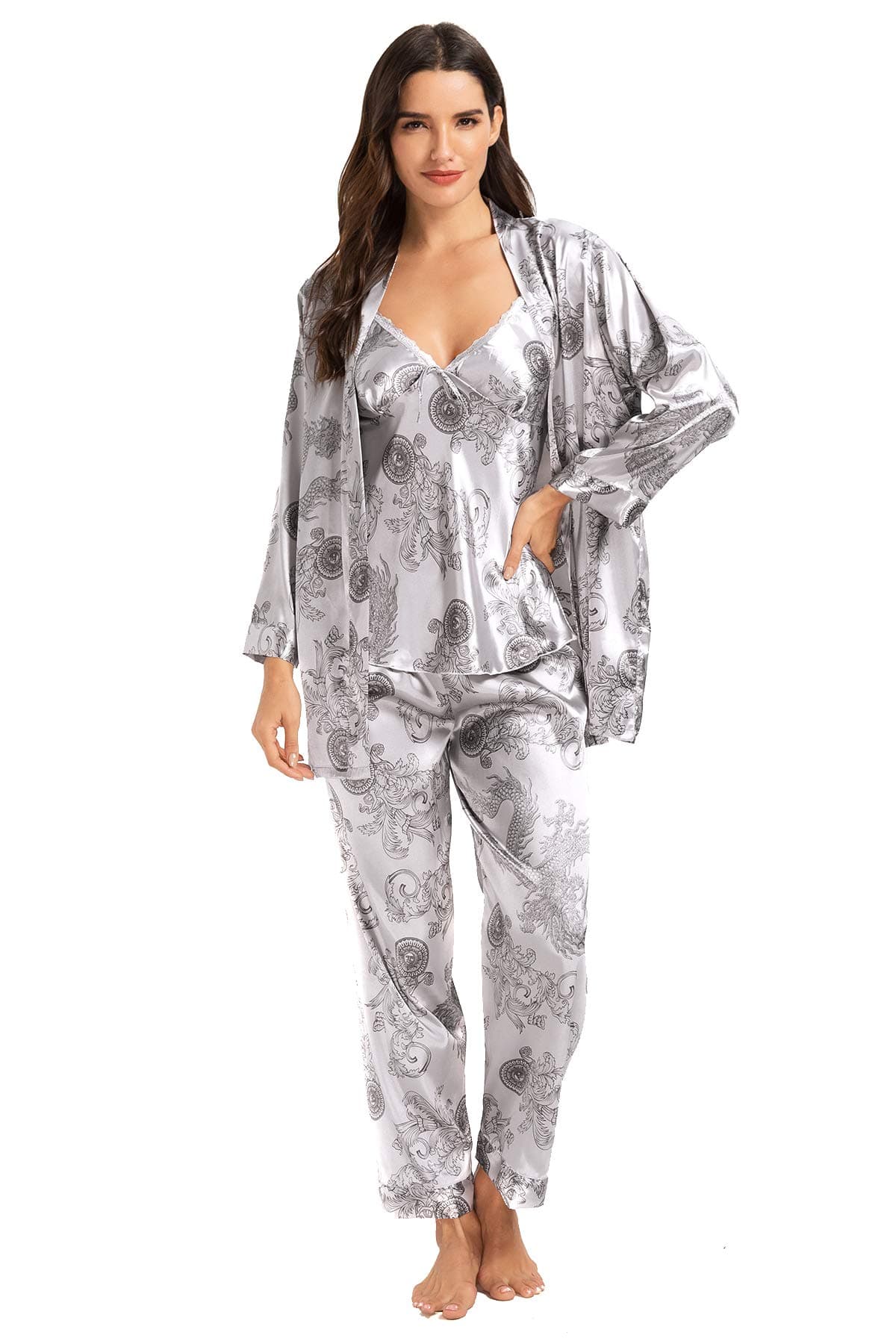 Women's Silk Satin Pajamas Set 3 Pcs Floral Silky Pj Sets Sleepwear Cami Nightwear with Robe and Pant