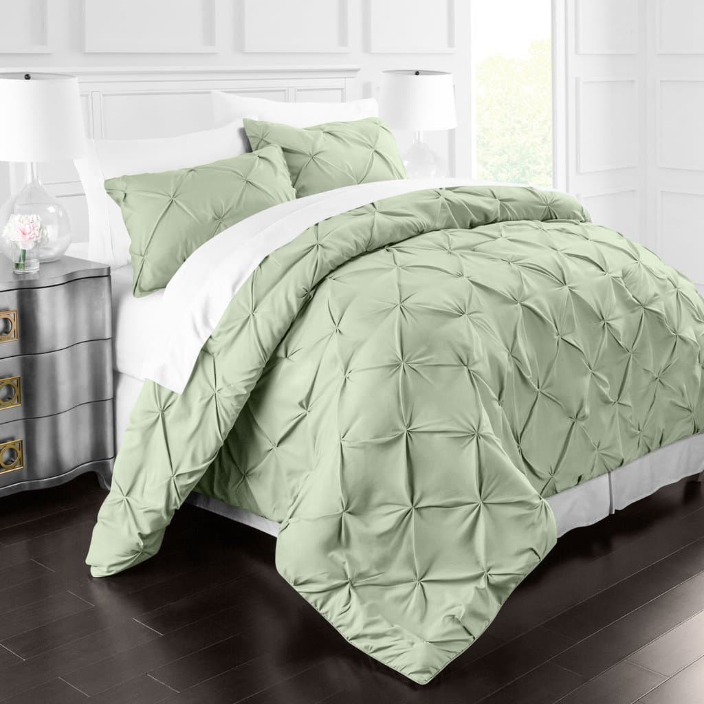 Luxury Soft Brushed Microfiber Pinch Pleat Duvet Cover Set - Pintuck Style Duvet Cover w/Matching Shams - Full/Queen - Sage