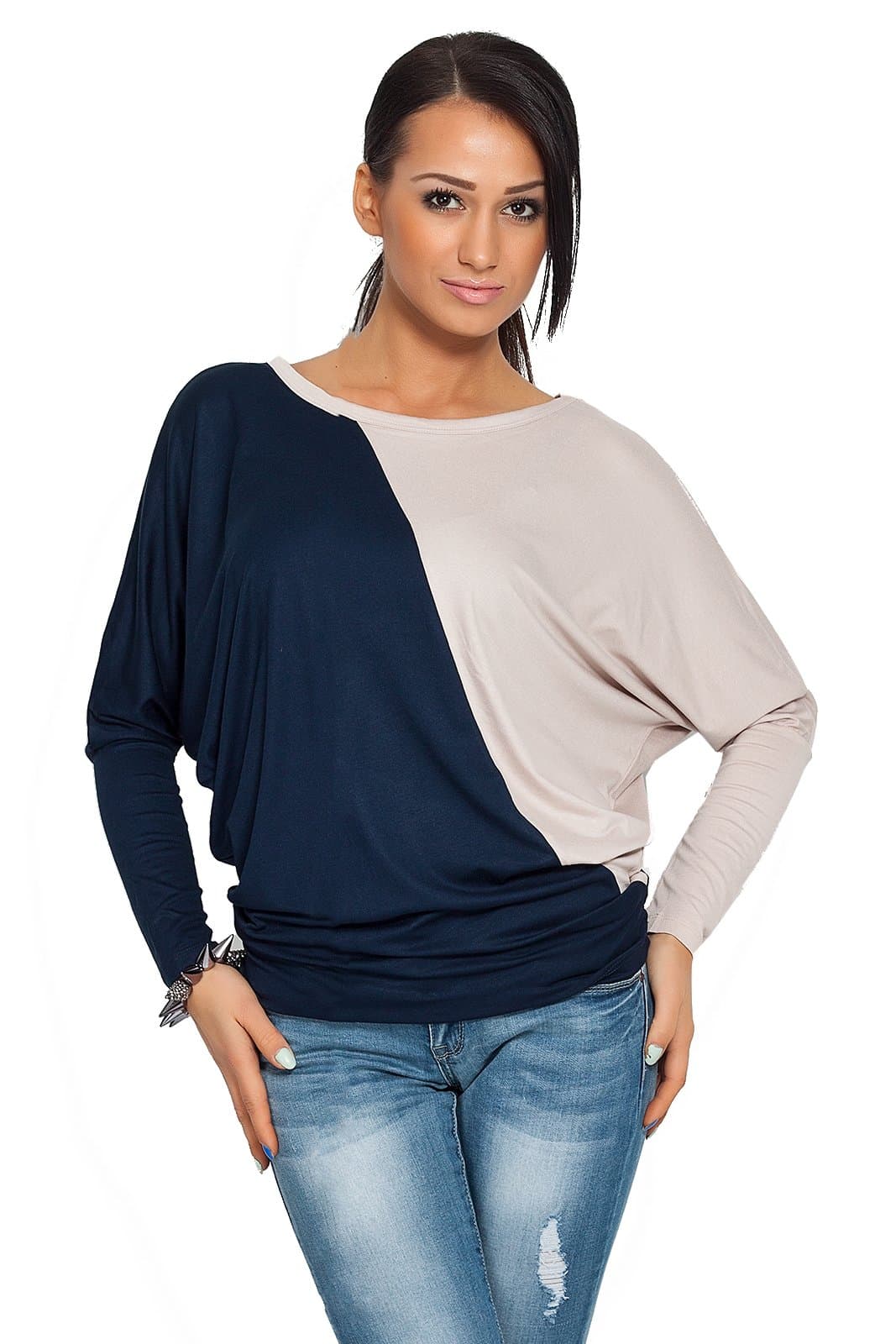 FUTURO FASHION Women's Batwing Top Color Block Long Sleeve Kimono Style 6042